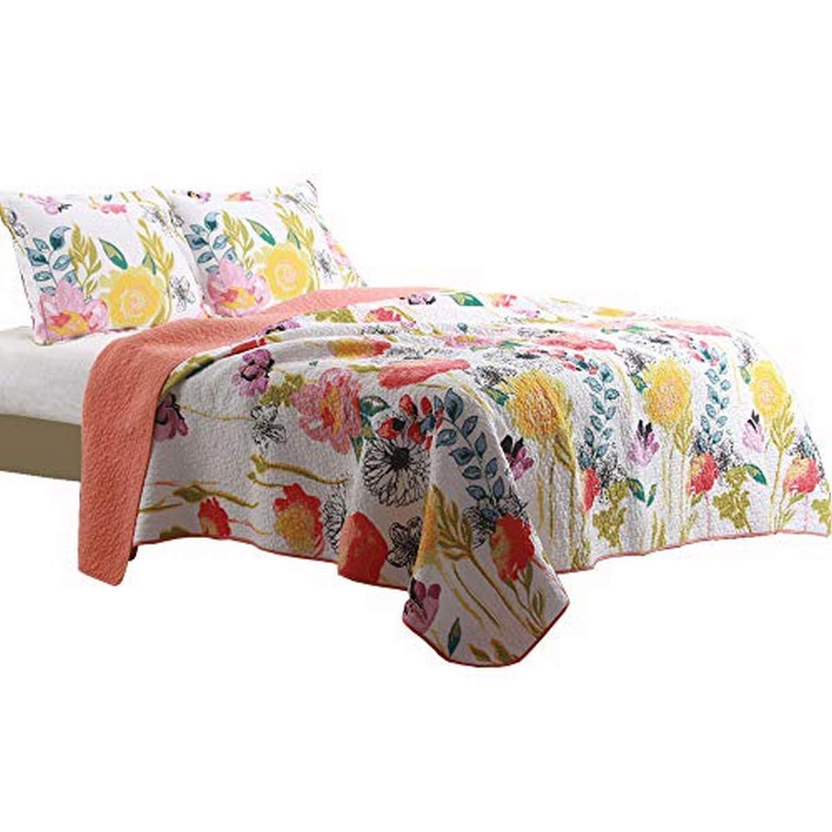 Benjara 3-Piece King Size Cotton Quilt Set with Stencil Floral Print - Luxury Bedding for Master Bedroom & Guest Room Decor