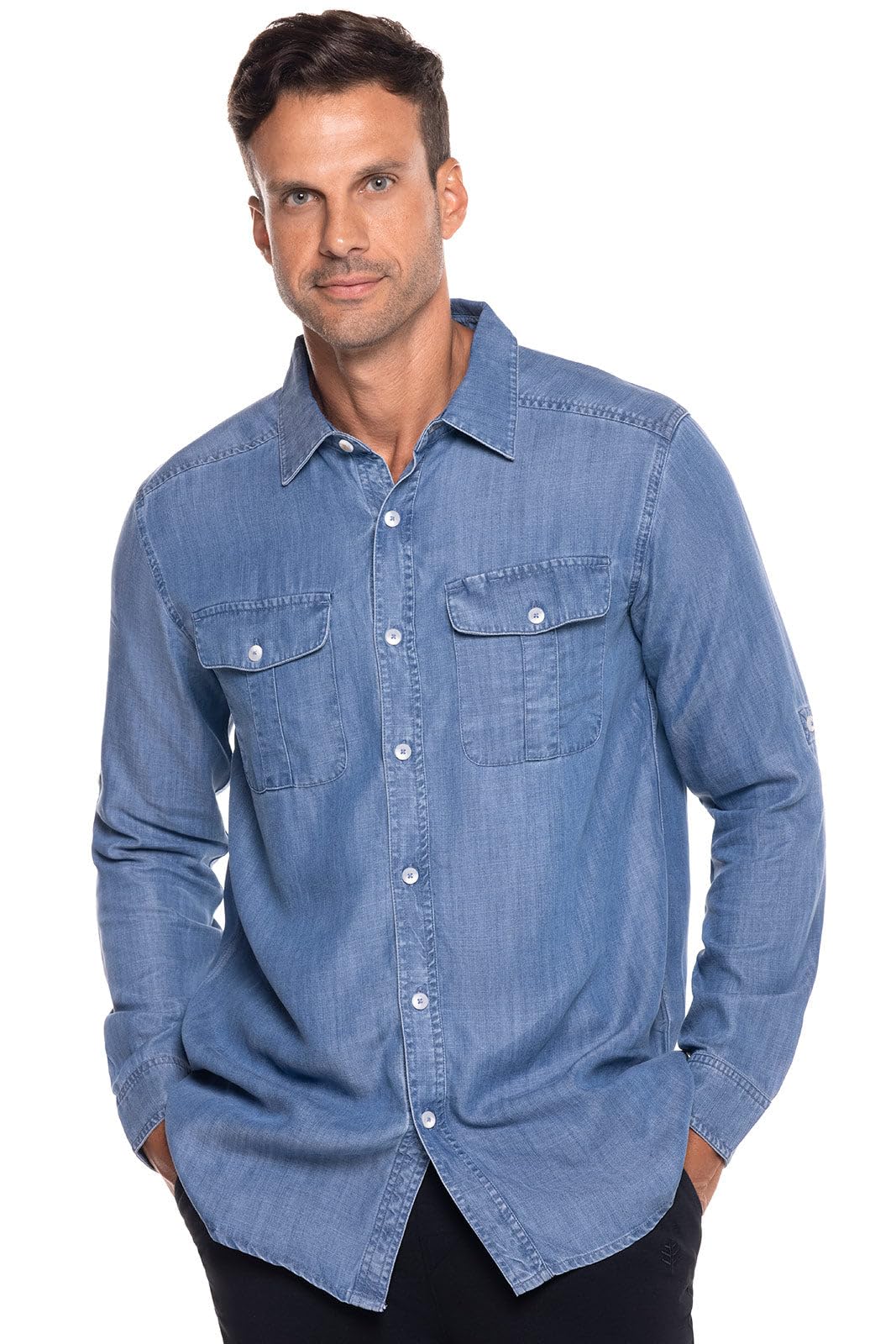 Coolibar UPF 50+ Sun Protective Men's Long Sleeve Chambray Shirt - Lightweight UV Protection Shirt for Outdoor Activities, Hiking, Fishing & Travel