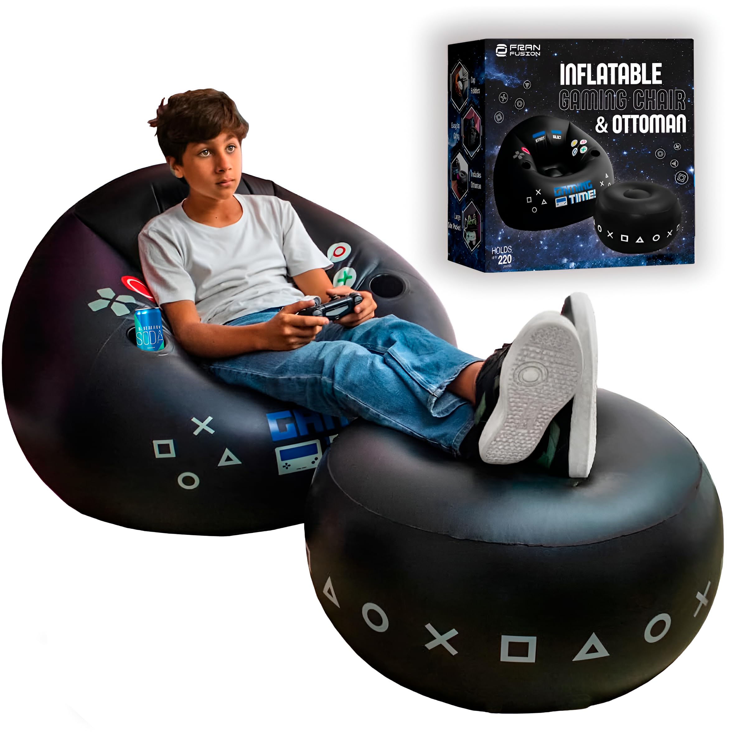 Inflatable Gaming Chair for Kids & Teens - Portable Bean Bag Chair with Cup Holders & Side Pocket - Comfortable Video Game Seat for Bedroom & Game Room Decor - Perfect for Gaming, Movie Nights & Relaxation
