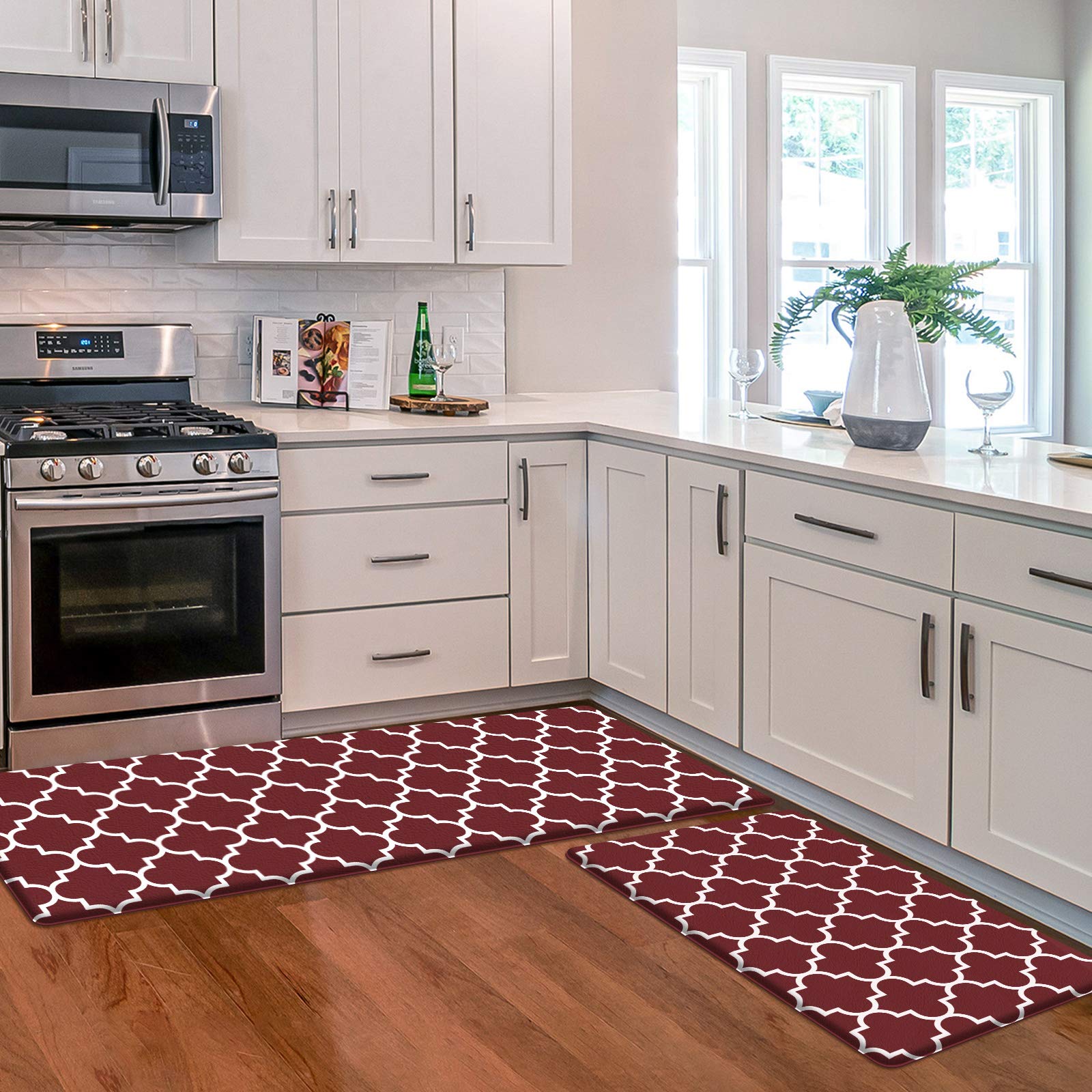 KMAT Kitchen Mat [2 PCS] - Cushioned Anti-Fatigue, Waterproof Non-Slip Heavy Duty PVC Ergonomic Comfort Standing Foam Mat for Kitchen, Office, Sink, Laundry - Ideal for Cooking, Cleaning, and Long Hours Standing, Red