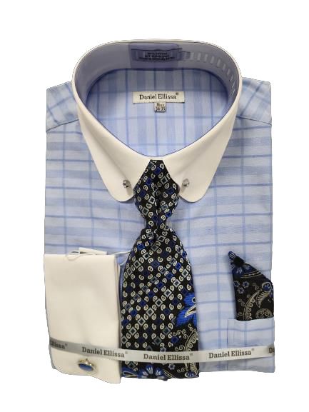 Daniel Ellissa JQD Round Collar & Cuff Set with Collar Bar DS3830P2 in Blue | Formal Office Wear & Business Attire Accessories for Men