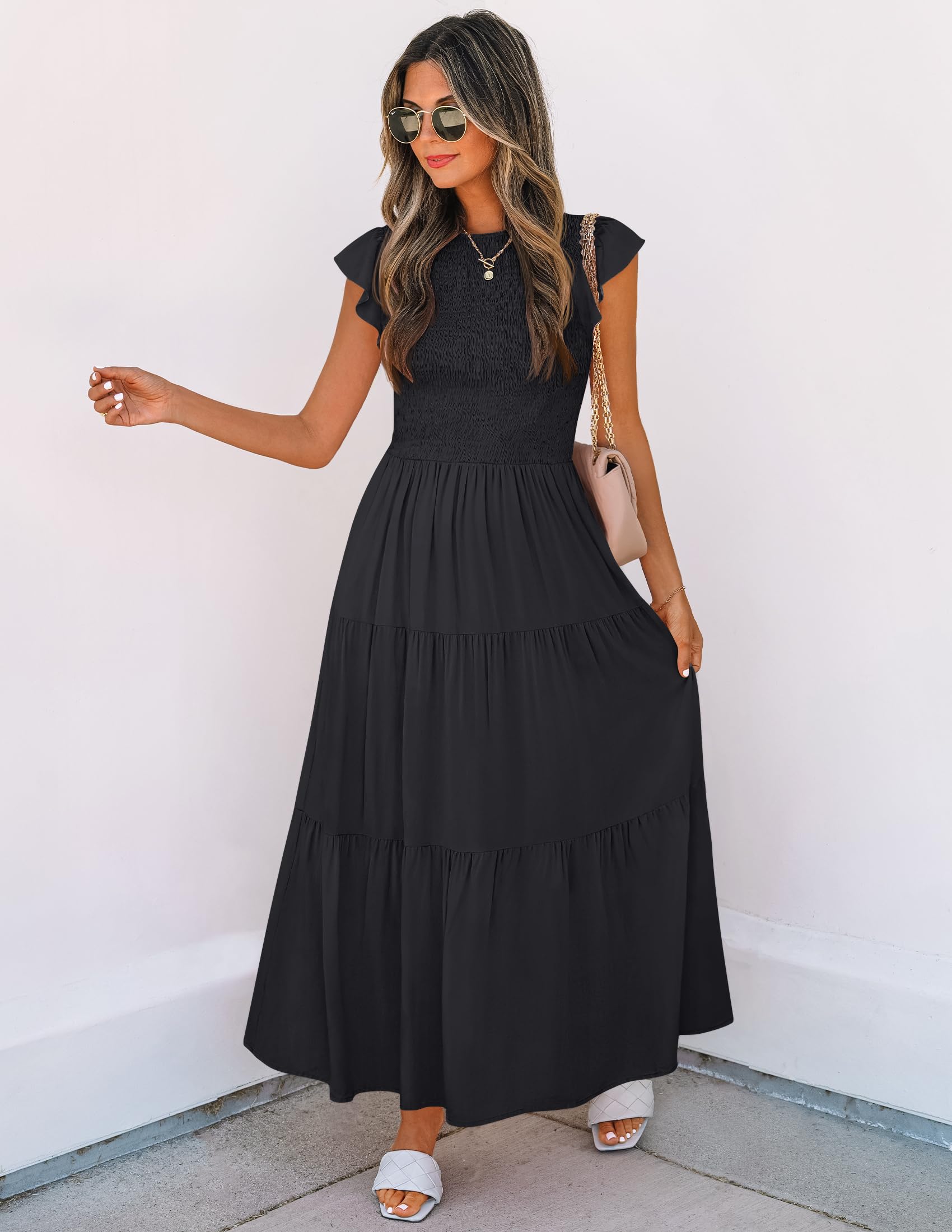 ZESICA Women's Summer 2025 Flutter Short Sleeve Smocked Waist Tiered Midi Dress - Casual Crew Neck Elastic Waist Dress for Beach, Vacation & Outdoor Parties