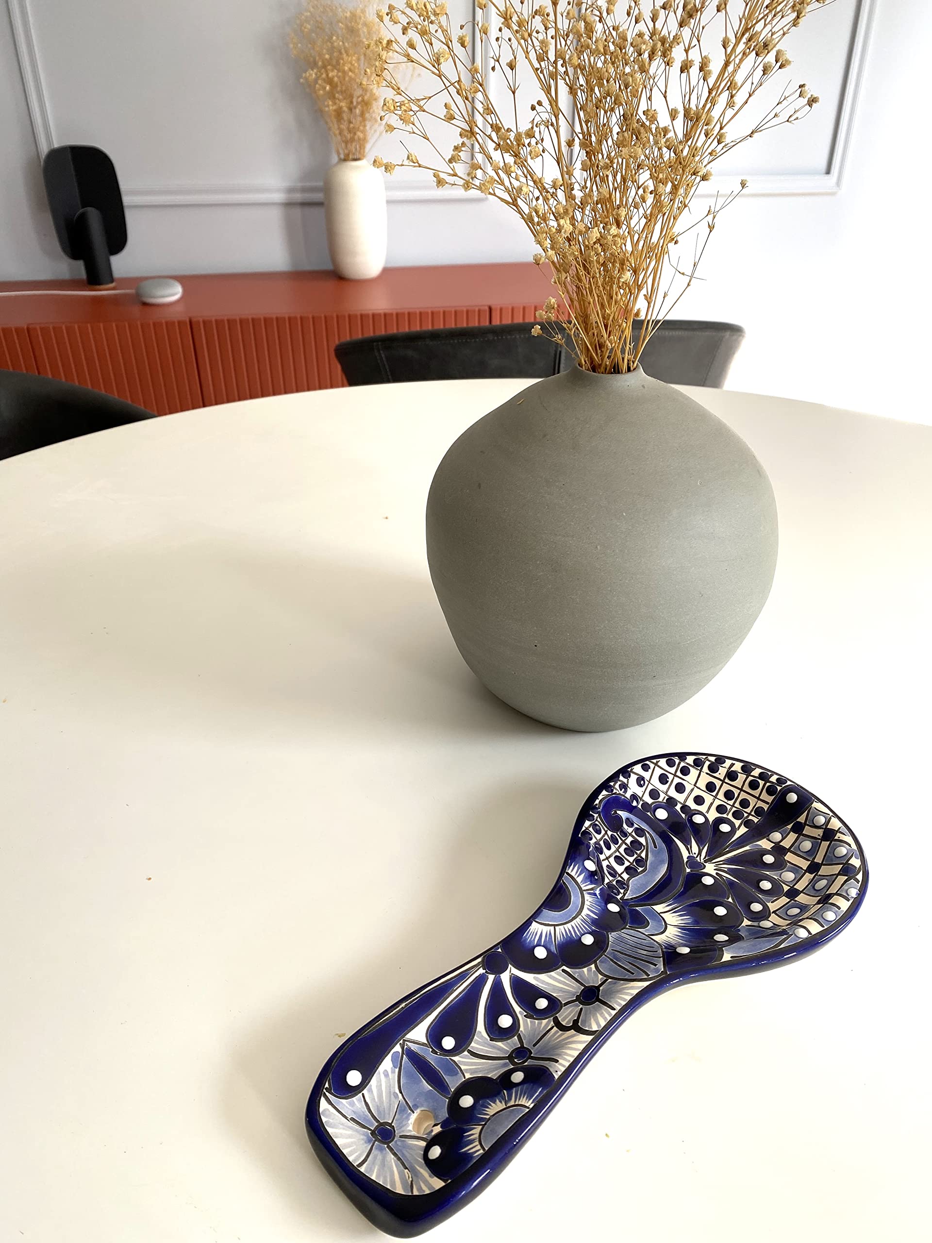 Hand Painted Talavera Ceramic Spoon Rest - Blue and White Mexican Style Spoon Holder, Lead-Free Kitchenware in Gift Box - Perfect for Cooking, Serving & Home Decor