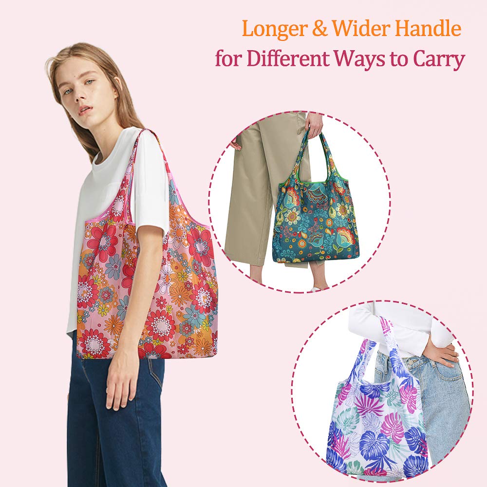 10 Pack Reusable Foldable Grocery Shopping Bags with Attached Pouch - Eco-Friendly & Machine Washable Tote Bags for Supermarket, Farmers Market & Travel