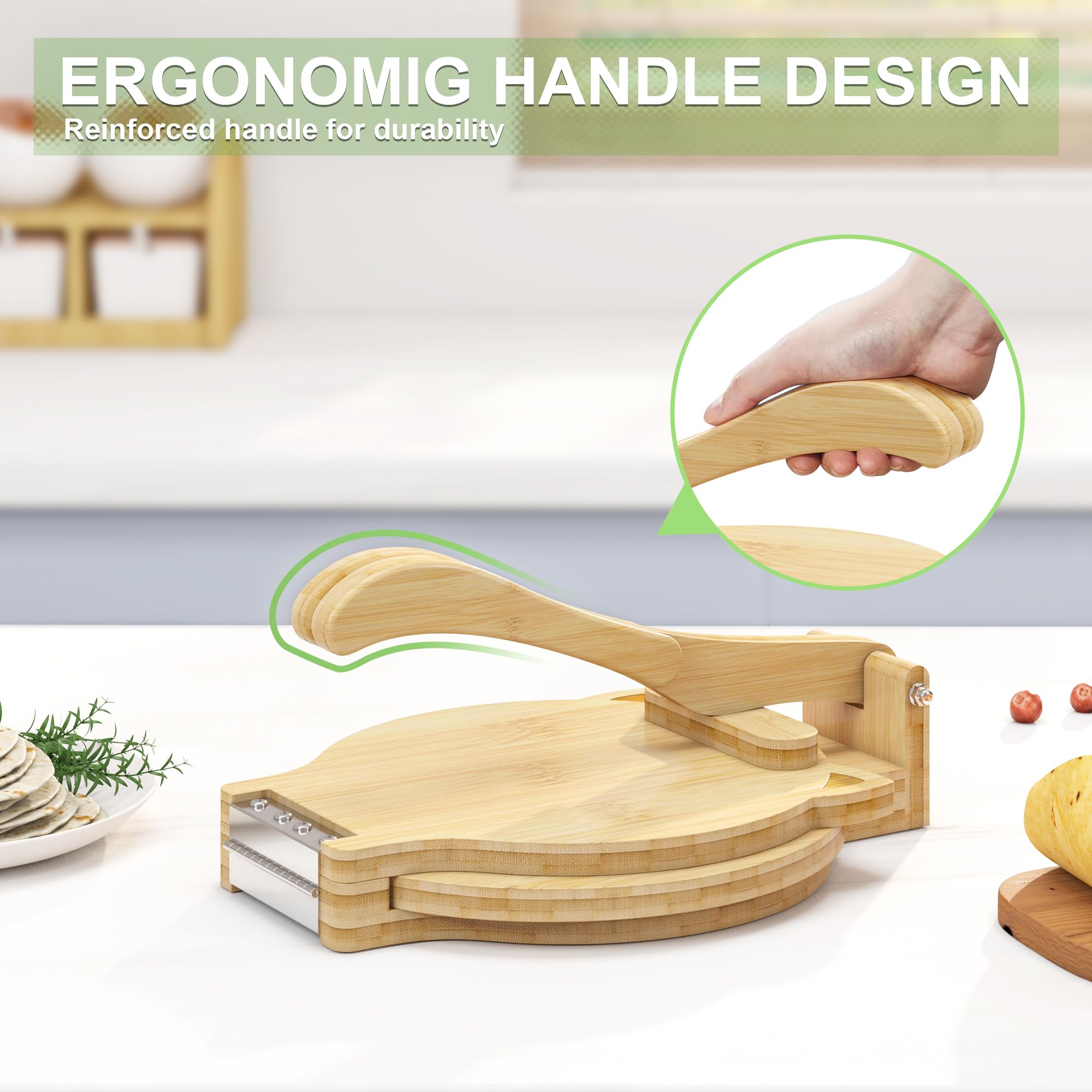 10 Inch Bamboo Tortilla Press - Handmade Quesadilla & Roti Maker with Parchment Paper & Dough Cutter for Homemade Corn/Flour Tortillas - Perfect for Mexican Cooking, Indian Roti, Home Baking & Meal Prep