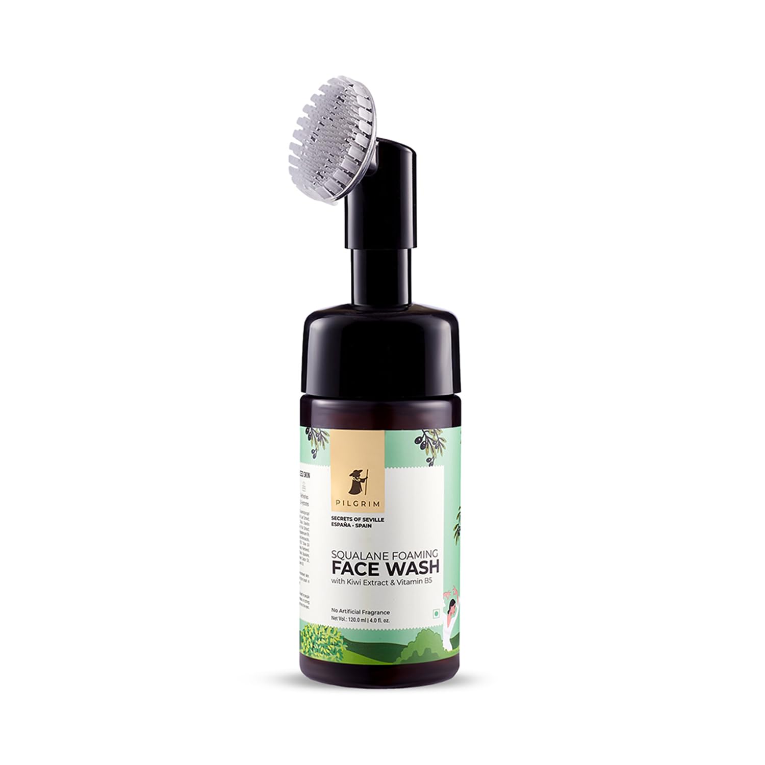 PILGRIM Spanish Squalane Foaming Face Wash with Kiwi Extracts & Aloe - Hydrating Facial Cleanser for Dry & Combination Skin | Gentle Non-Drying Formula with Brush | Suitable for Men & Women | 120ml | Perfect for Daily Skincare Routine & Travel