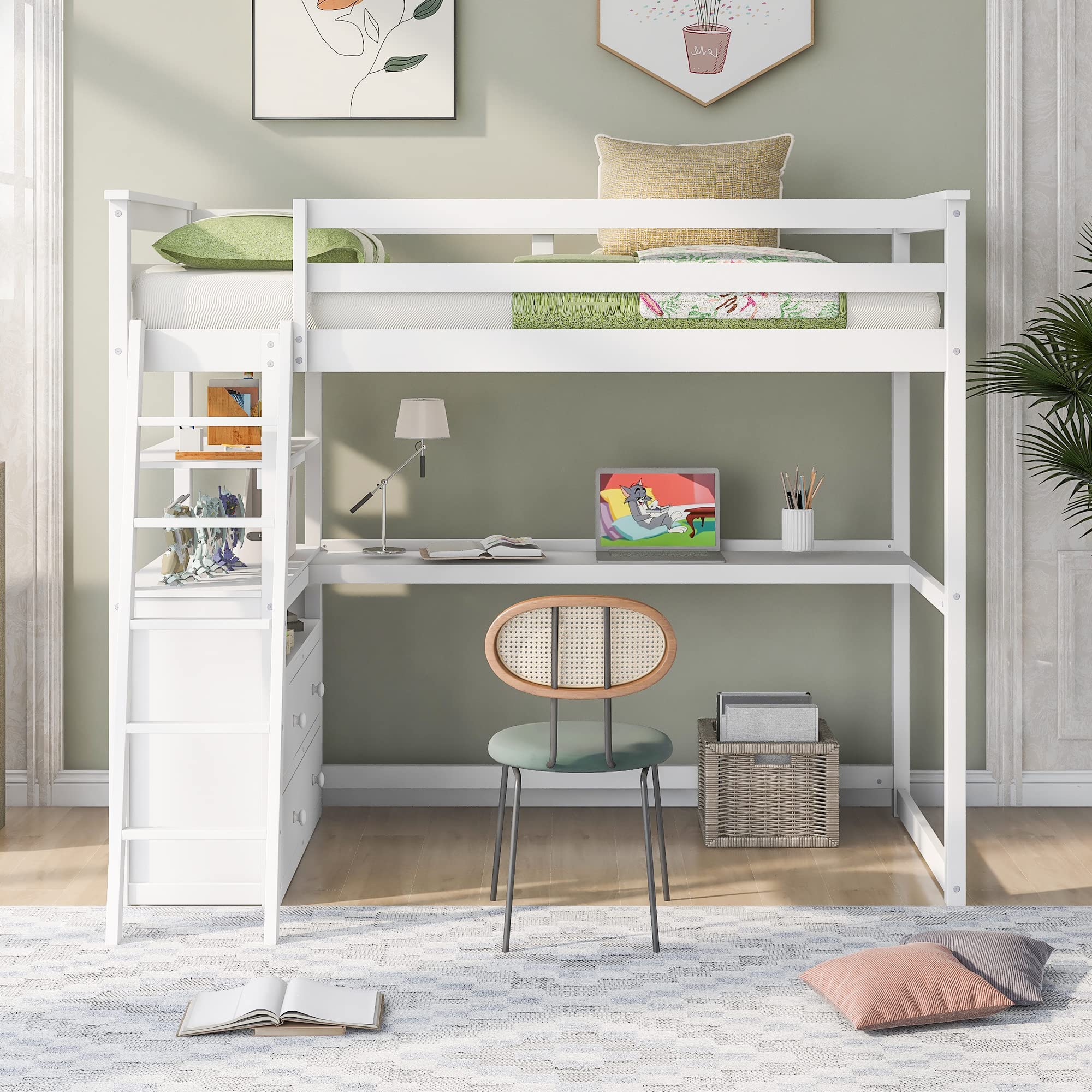 SOFTSEA Twin Size Solid Wood Loft Bed with Built-in Desk, Drawers & Storage Shelves - Multifunctional High Loft Bed for Kids & Teens (Boys/Girls) - Perfect for Small Bedrooms, Dorm Rooms & Space-Saving Kids' Rooms - White