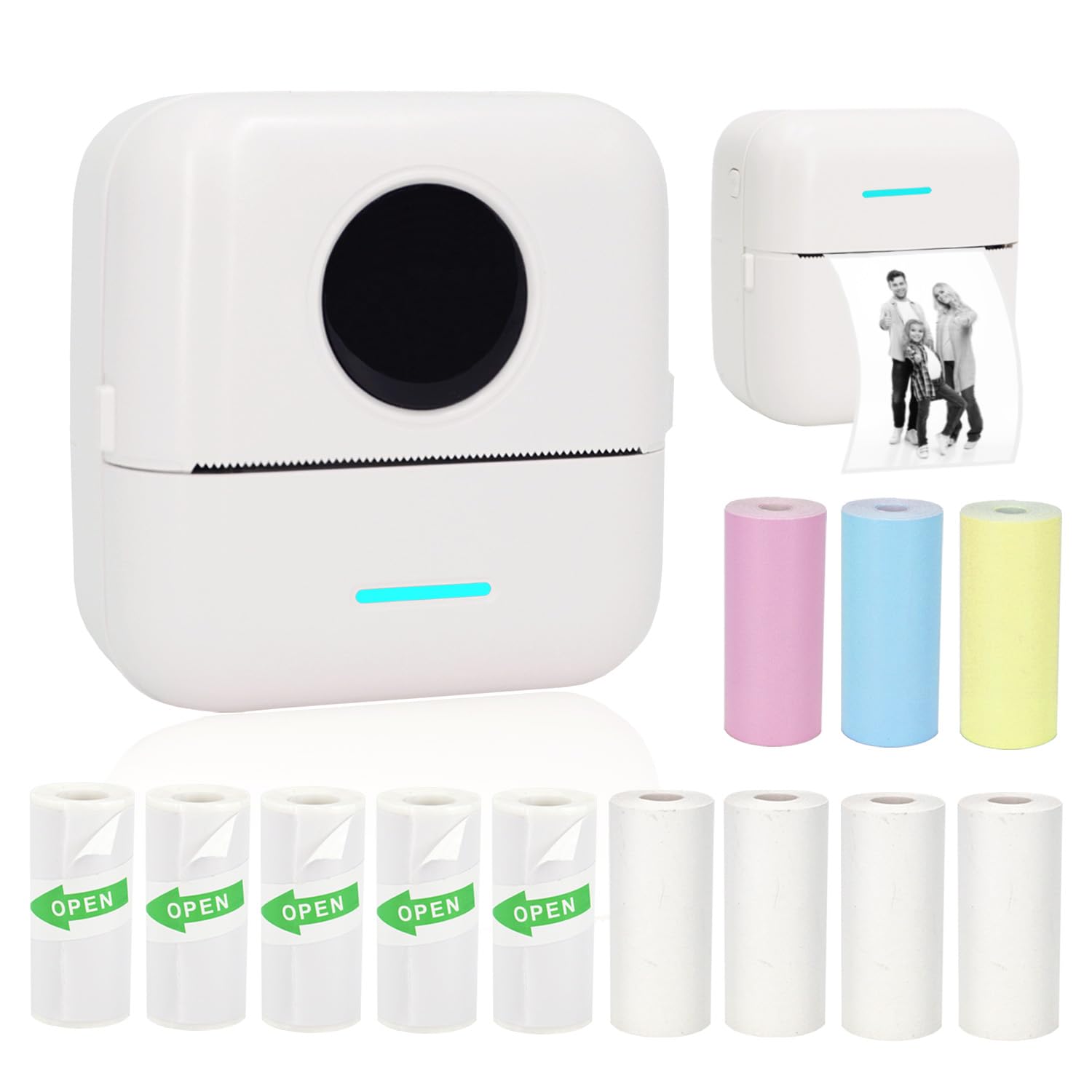 Mini Portable Inkless Thermal Printer - Wireless Sticker & Label Maker for Notes, Photos, Receipts | Includes 12 Rolls Paper | iPhone, Android, Tablet Compatible | Perfect for Home, Office & Travel Organization (White)