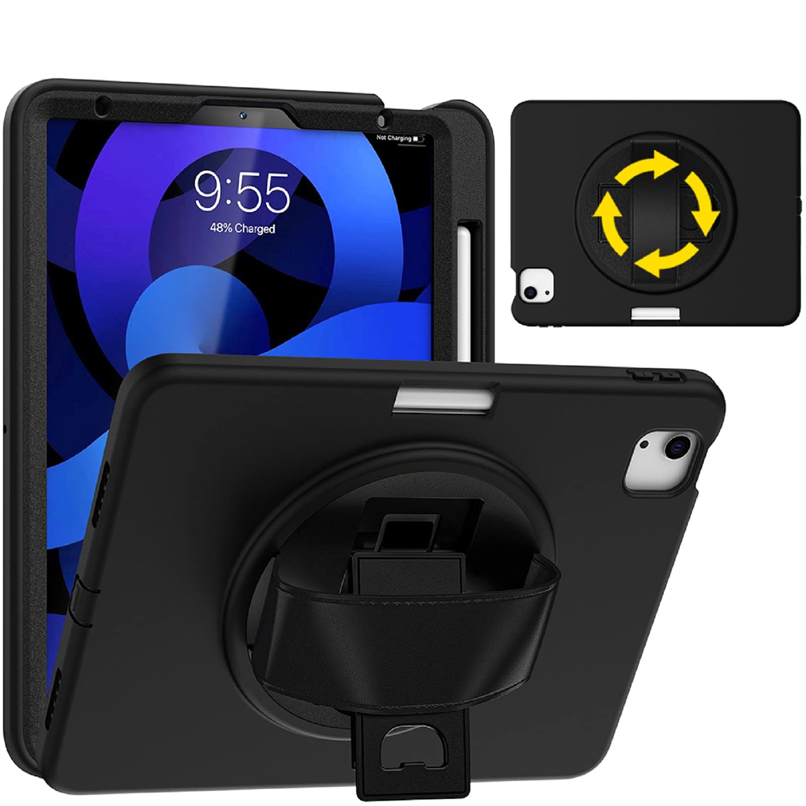 Junfire iPad Pro 11 Case 2022 & iPad Air 5th Generation Protective Cover with Hand Strap, Pencil Holder & Adjustable Kickstand | Supports Apple Pencil 2 Charging | Shockproof Rugged Case for iPad 10.9/11 Inch (Black) - Perfect for Work, Travel & Outdoor Activities