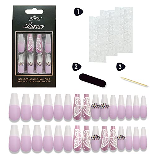 30 PCS Long Coffin Press on Nails - French Matte False Nails with Rhinestones & 3D Butterfly Designs | Full Cover Stick on Nails for Women & Girls (Purple) | Perfect for Parties, Weddings, and Special Occasions