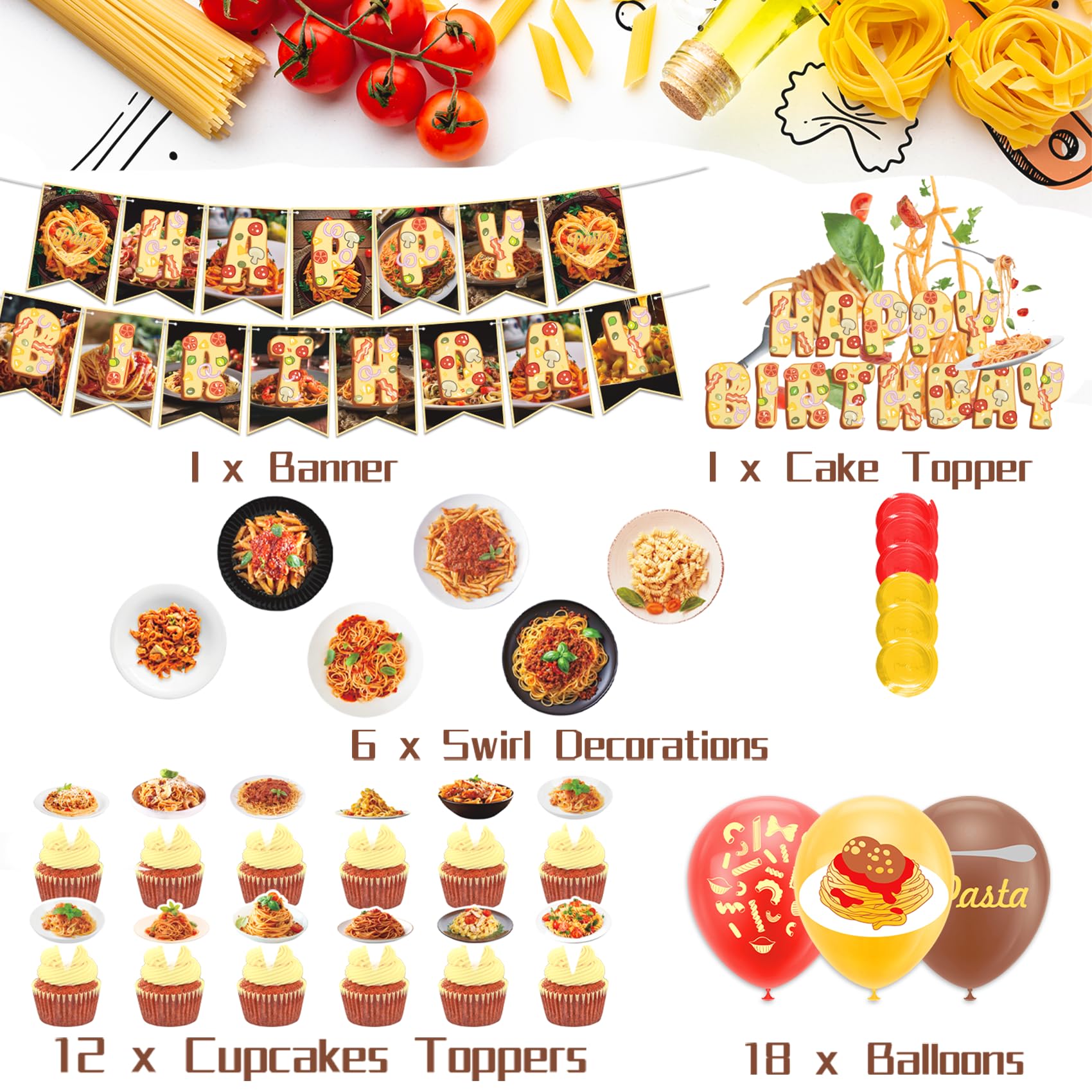 Pasta Party Decorations Set - Spaghetti Birthday Party Supplies with Happy Birthday Banner, Cake Topper, Cupcake Toppers, Hanging Swirls & Balloons - Perfect for Italian-Themed Birthday Parties, Pasta Lover Celebrations & Fun Family Gatherings
