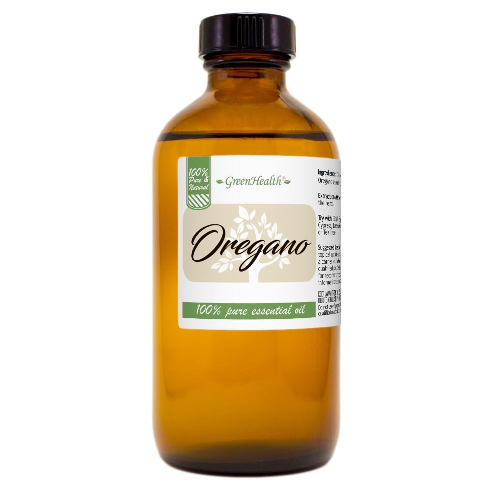 100% Pure Oregano Essential Oil - 8 fl oz Amber Glass Bottle with Dropper Cap - USDA Organic, Undiluted Therapeutic Grade - GreenHealth - Perfect for Aromatherapy, Massage & Immune Support