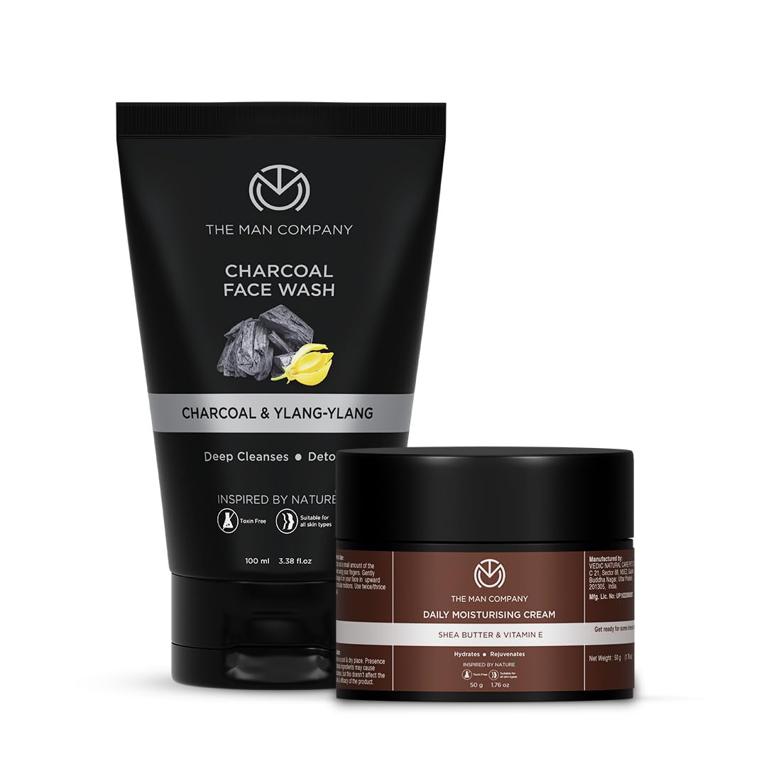 The Man Company DeTan Daily Pack - Activated Charcoal Face Wash & Daily Moisturizing Face Cream with Argan Oil, Shea Butter & Vitamin E | Deep Cleansing & Hydrating Skincare Set | Pack of 2 | Perfect for Men's Daily Face Care Routine & Travel Essentials