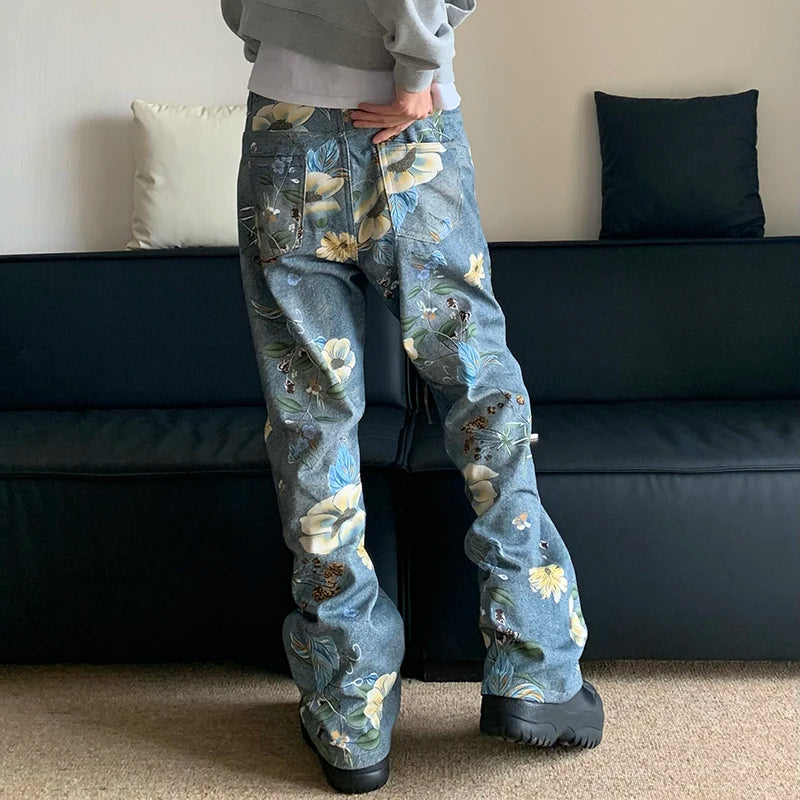 American Design Men's Floral Print Loose Wide Leg Straight Denim Jeans - Stylish Contrast Color Trousers for Casual Wear & Street Fashion