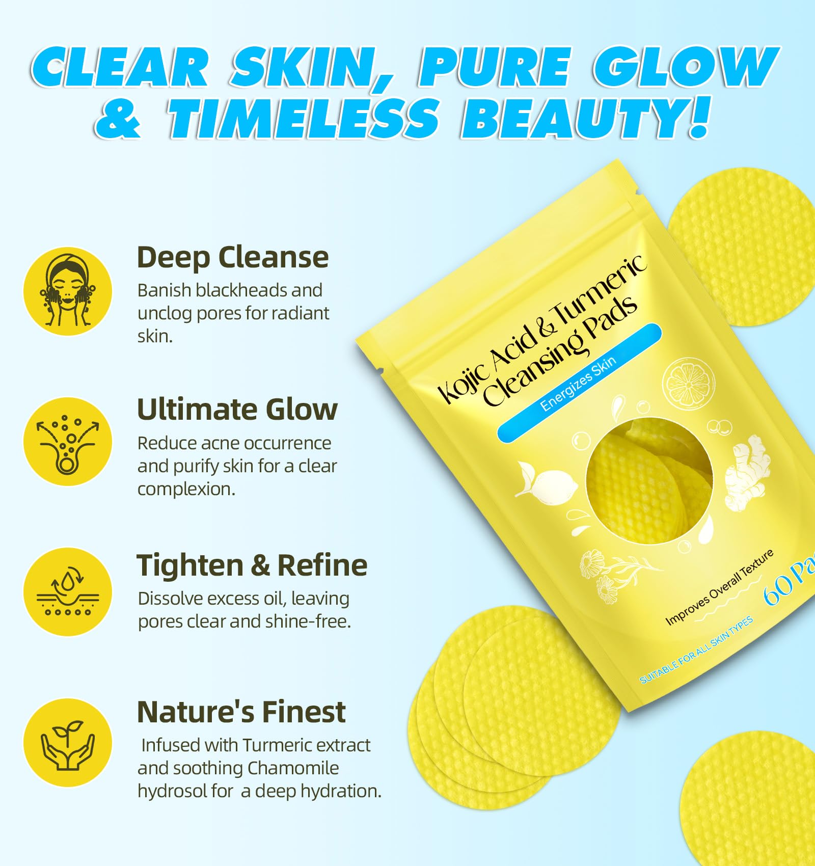2 Pack Turmeric & Kojic Acid Cleansing Pads (120 Count) - Brightening Exfoliating Pads for Face & Body - Remove Dead Skin, Even Skin Tone, Balance Oil - Perfect for Daily Skincare & Post-Workout Refresh