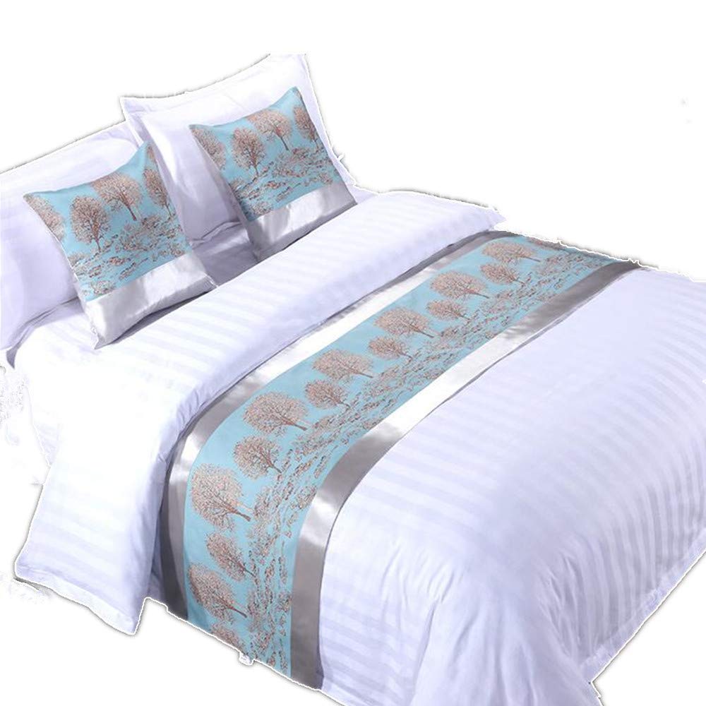 Turquoise Blue Tree Quilted Bed Runner & Cushion Covers Set - Hotel Quality Bed Scarf for Queen, King, Double & Single Beds - Decorative Foot of Bed Protector for Home, Guest Room & Airbnb Styling