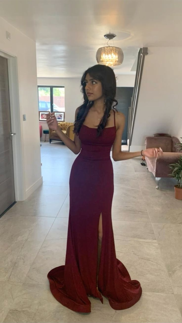 Elegant Burgundy Glitter Prom Dress with High Slit - Formal Evening Gown J4686 for Homecoming, Ball & Special Occasions