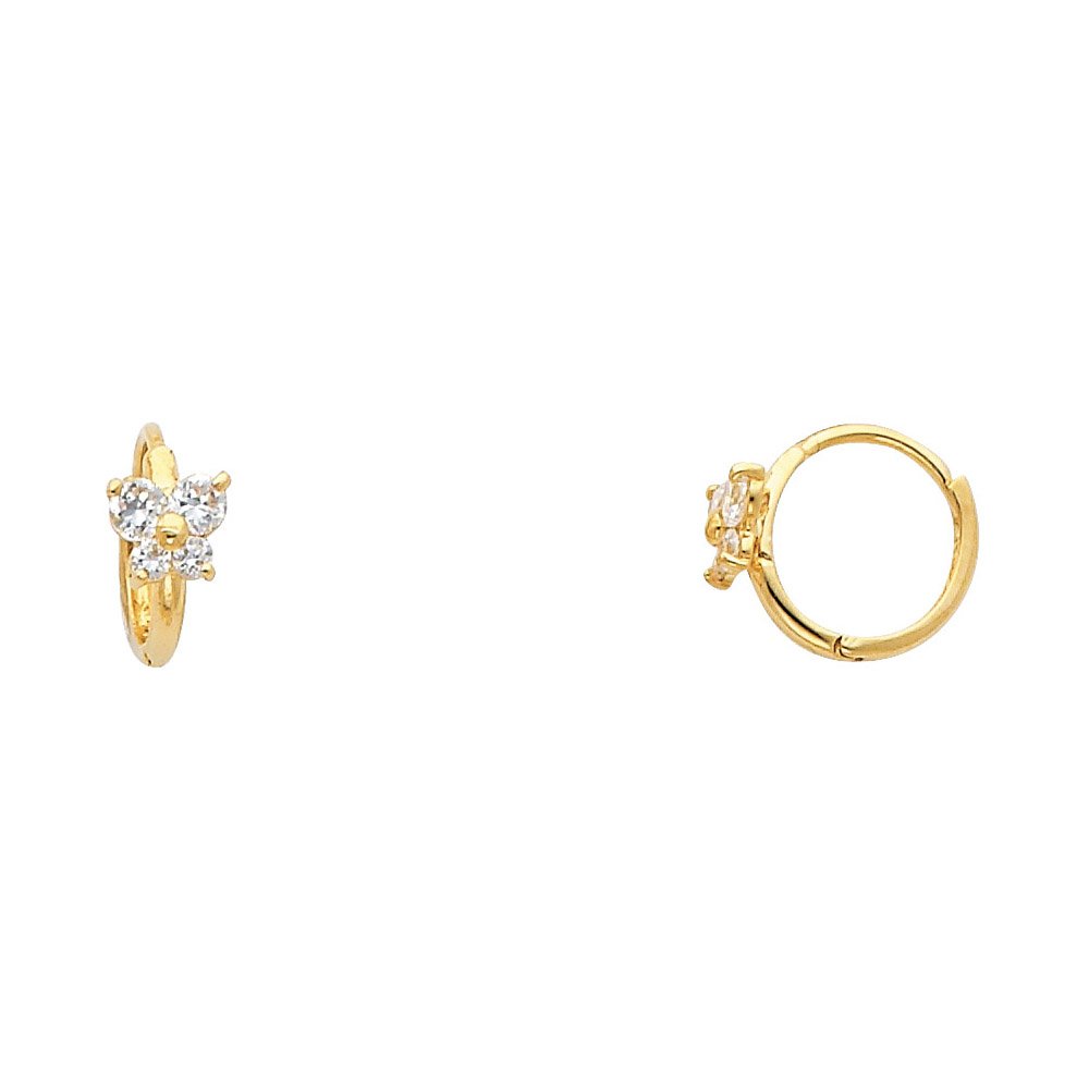 14K Yellow Gold Butterfly Flower Cubic Zirconia Huggie Hoop Earrings for Women - Elegant Everyday Jewelry & Special Occasion Gift