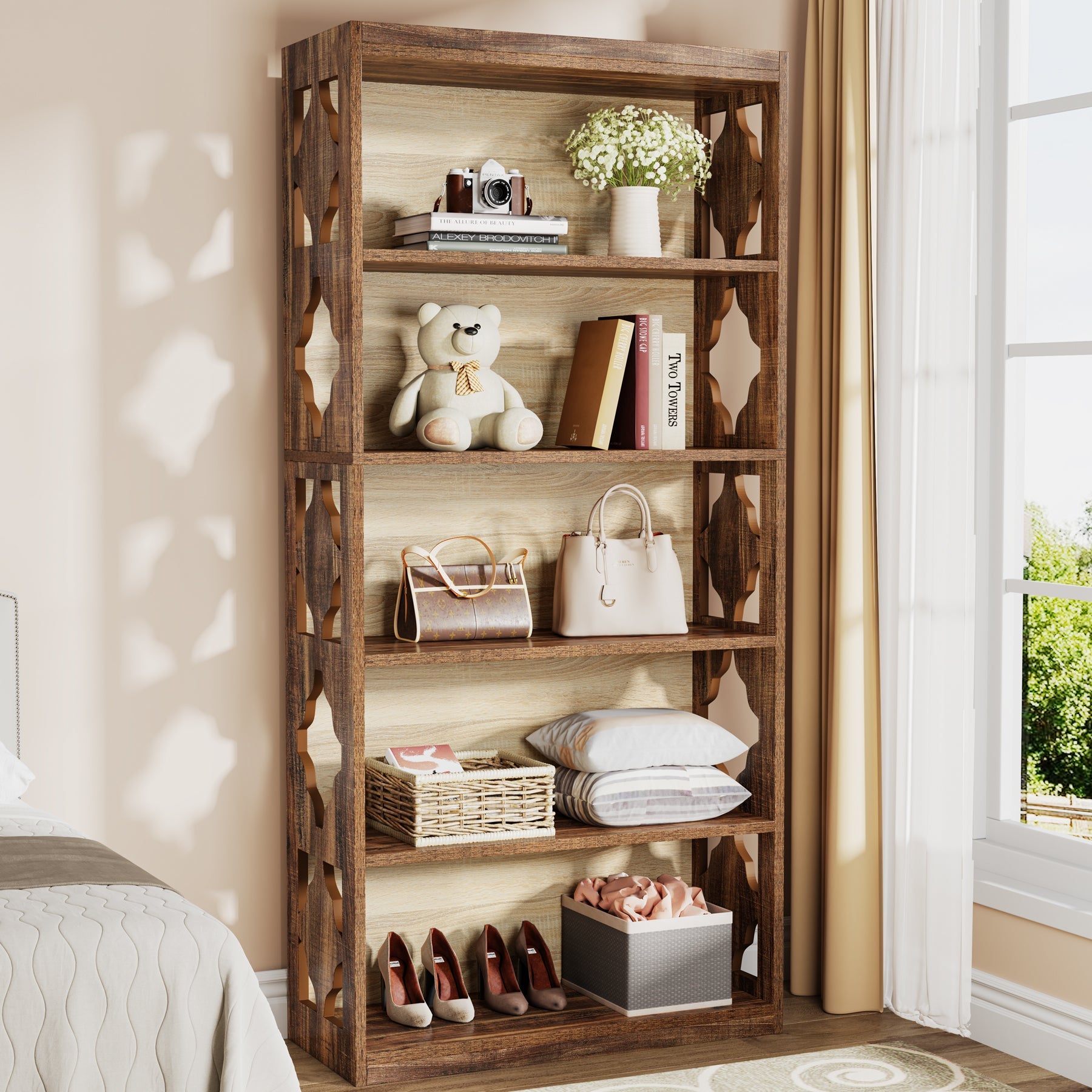 6 Tier Bookshelf, 70 Inch Tall Wood Bookcase with Storage Shelves - Perfect for Living Room, Office, Bedroom & Home Library Organization