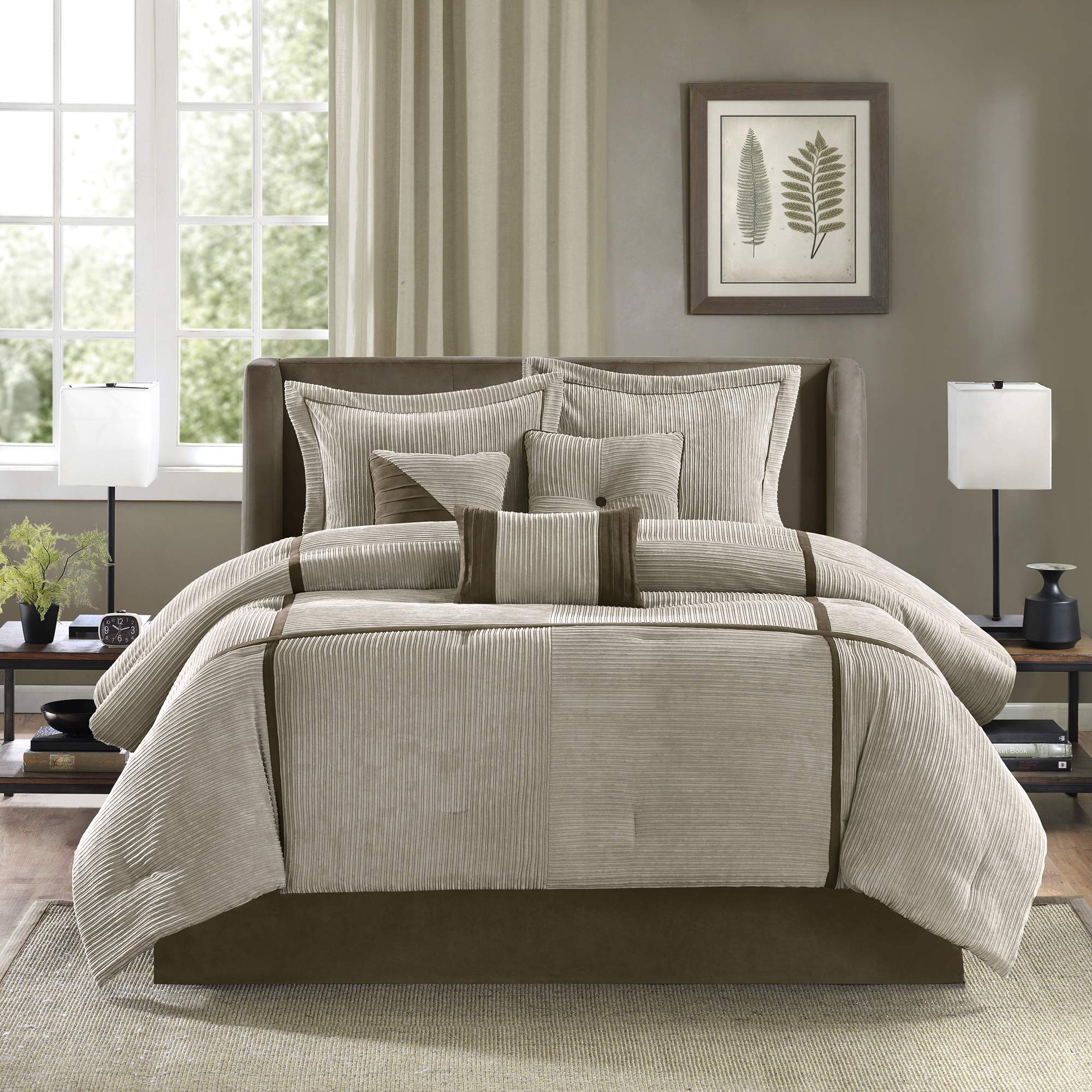 Madison Park 7-Piece King Comforter Set - All-Season Cozy Casual Blocks Design, Includes Matching Bed Skirt & Decorative Pillows, 104