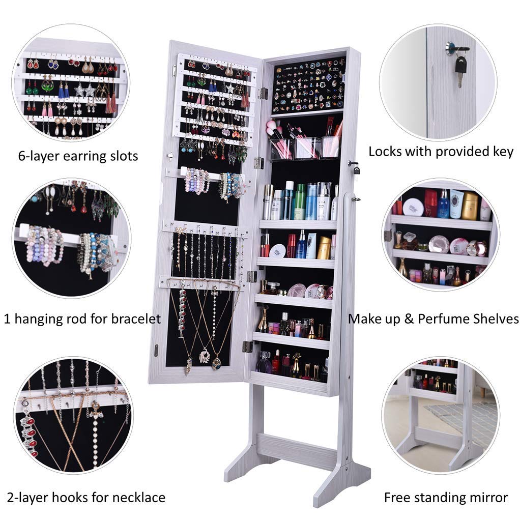 Soges White Jewelry Armoire with Mirror - Jewelry Cabinet Organizer with Storage for Necklaces, Rings & Earrings - Perfect for Bedroom, Dressing Room & Closet Organization