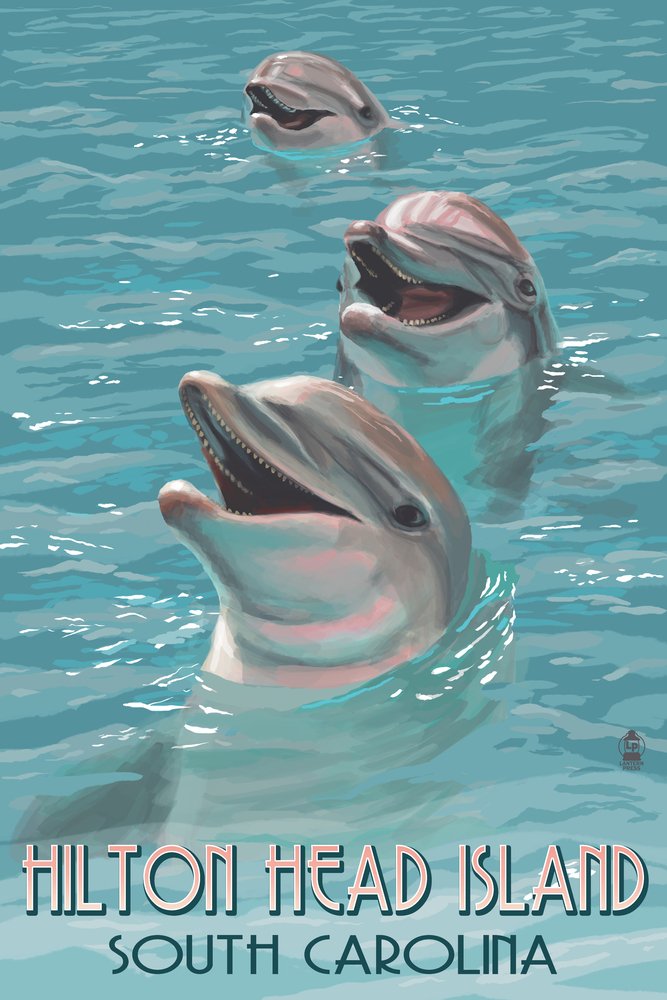 Signed Dolphins Art Print 24x36 - Hilton Head Island South Carolina Wall Decor Poster | Beach House, Coastal Living Room & Office Decor