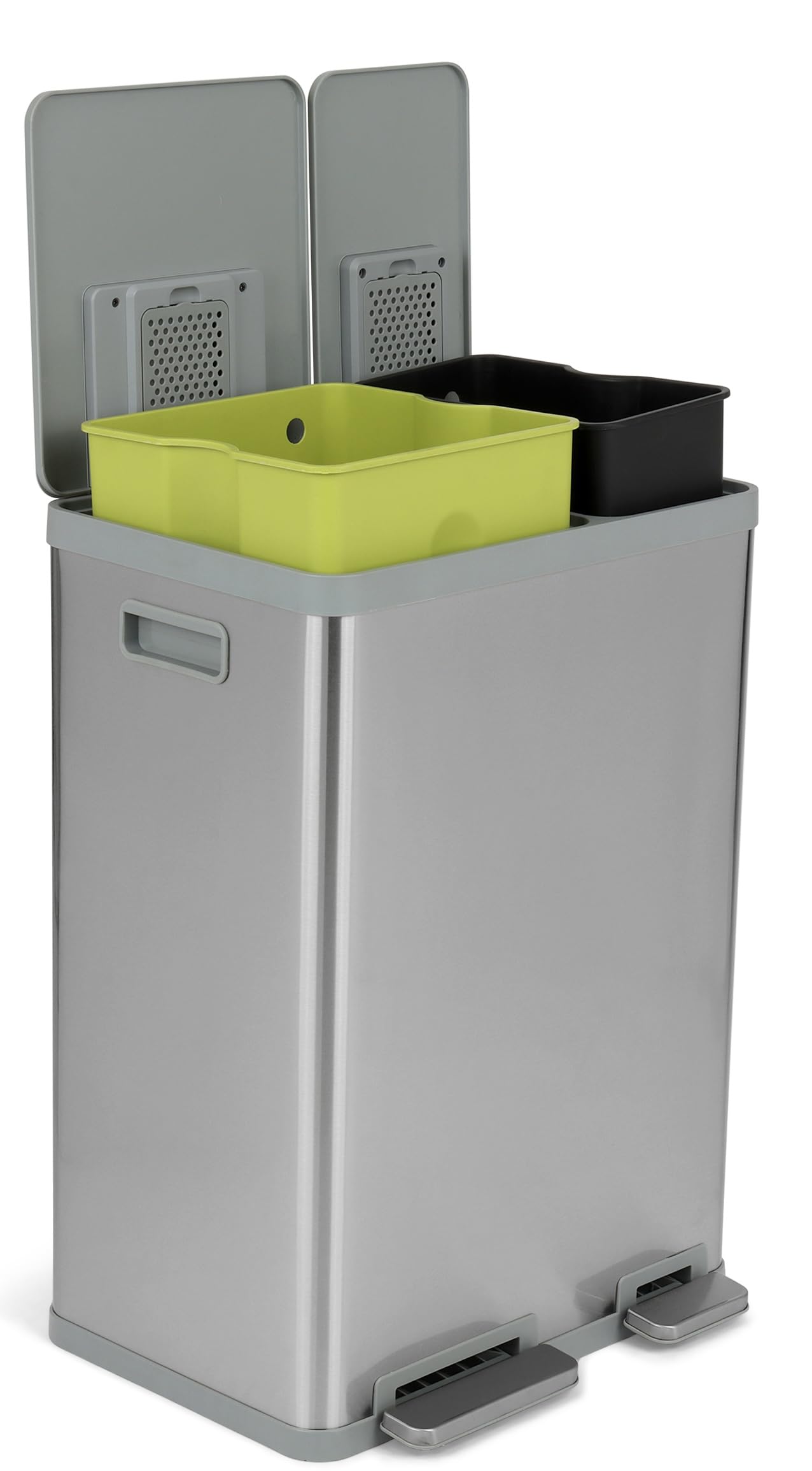 SIMPLI-MAGIC 60L/16 Gallon Stainless Steel Step Trash Can with Soft-Close Lid - Dual Compartment Recycling Bin for Kitchen, Office & Bathroom - Hands-Free Operation, Brushed Finish (38L x 22L Capacity) - Perfect for Waste Sorting & Space Saving