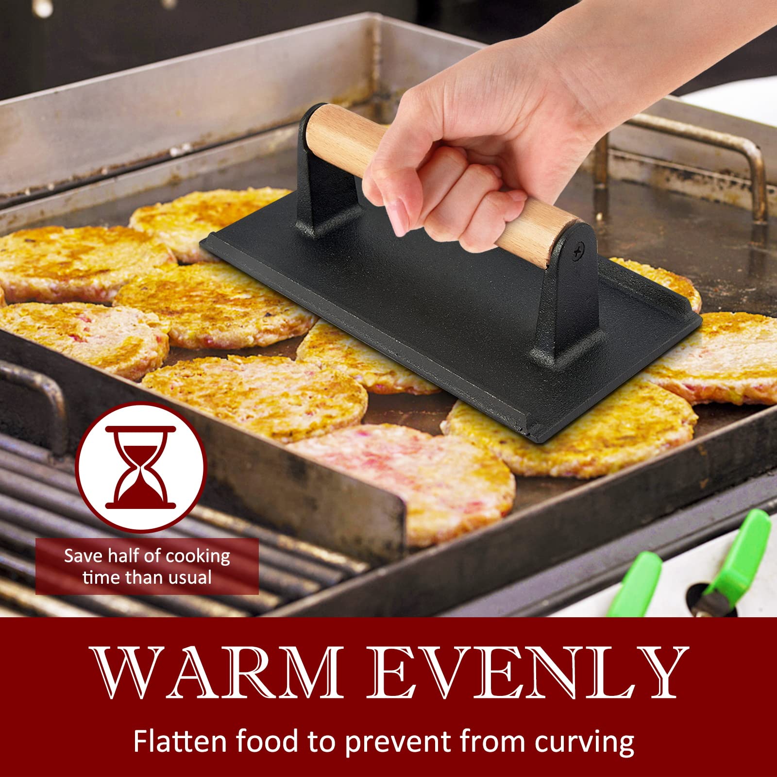 HaSteel 2-Piece Cast Iron Bacon Press Set - Heavy Duty 7