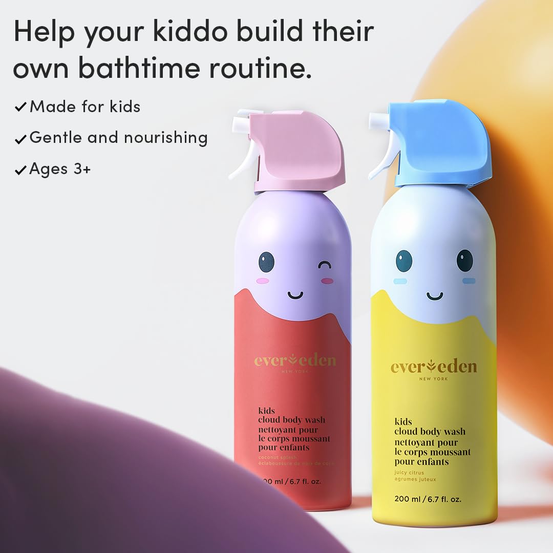 Evereden Kids Cloud Body Wash & Hair Care Set (6.7 fl oz, Juicy Citrus) - Sulfate-Free Shampoo, Conditioner, Detangling Spray & Brush with Protein Peptides & Argan Oil - Paraben-Free for Children Ages 3+ | Gentle Bath Time & Daily Hair Care Routine