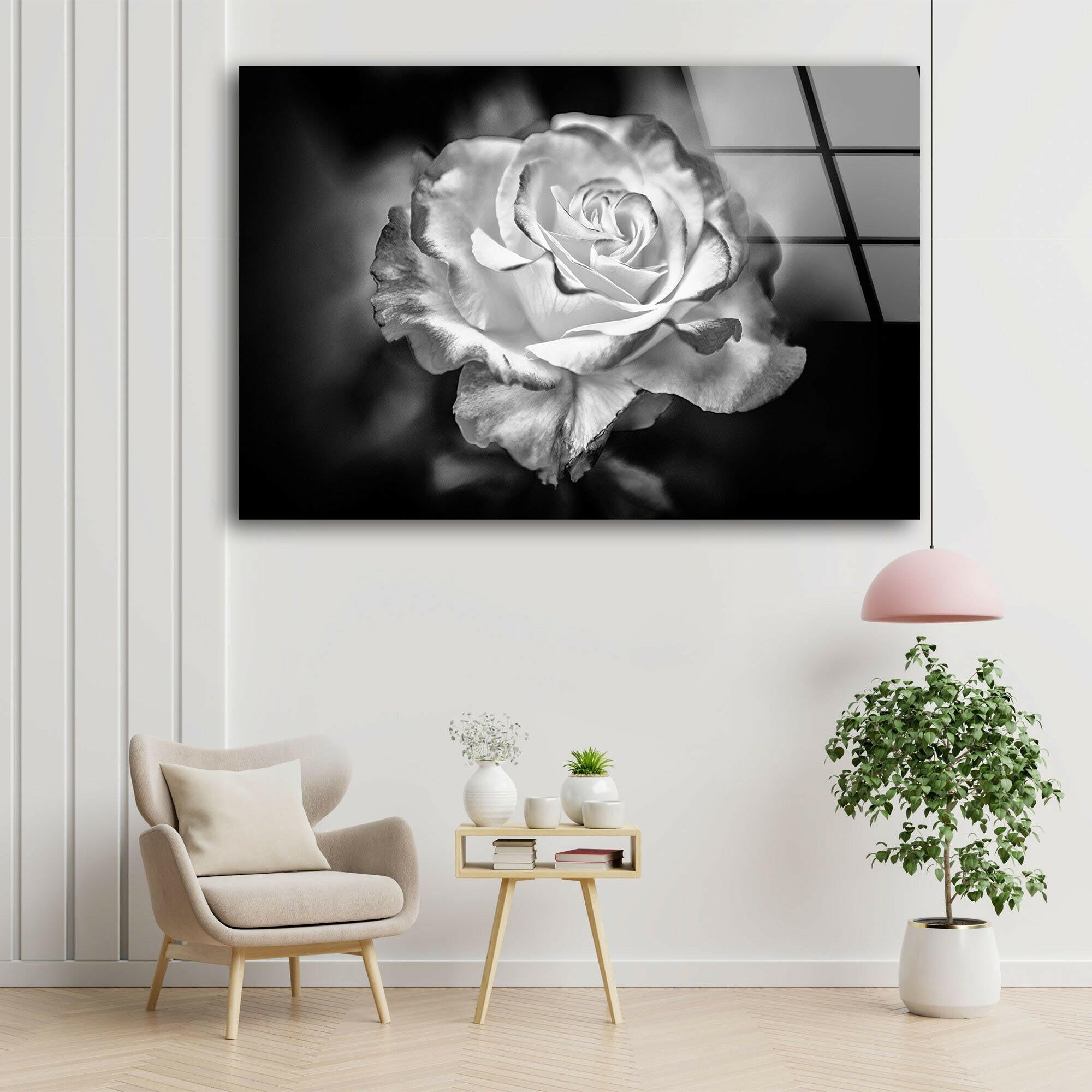 Elegant Black and White Rose Glass Wall Art - Modern Home Decor for Living Room, Bedroom & Office