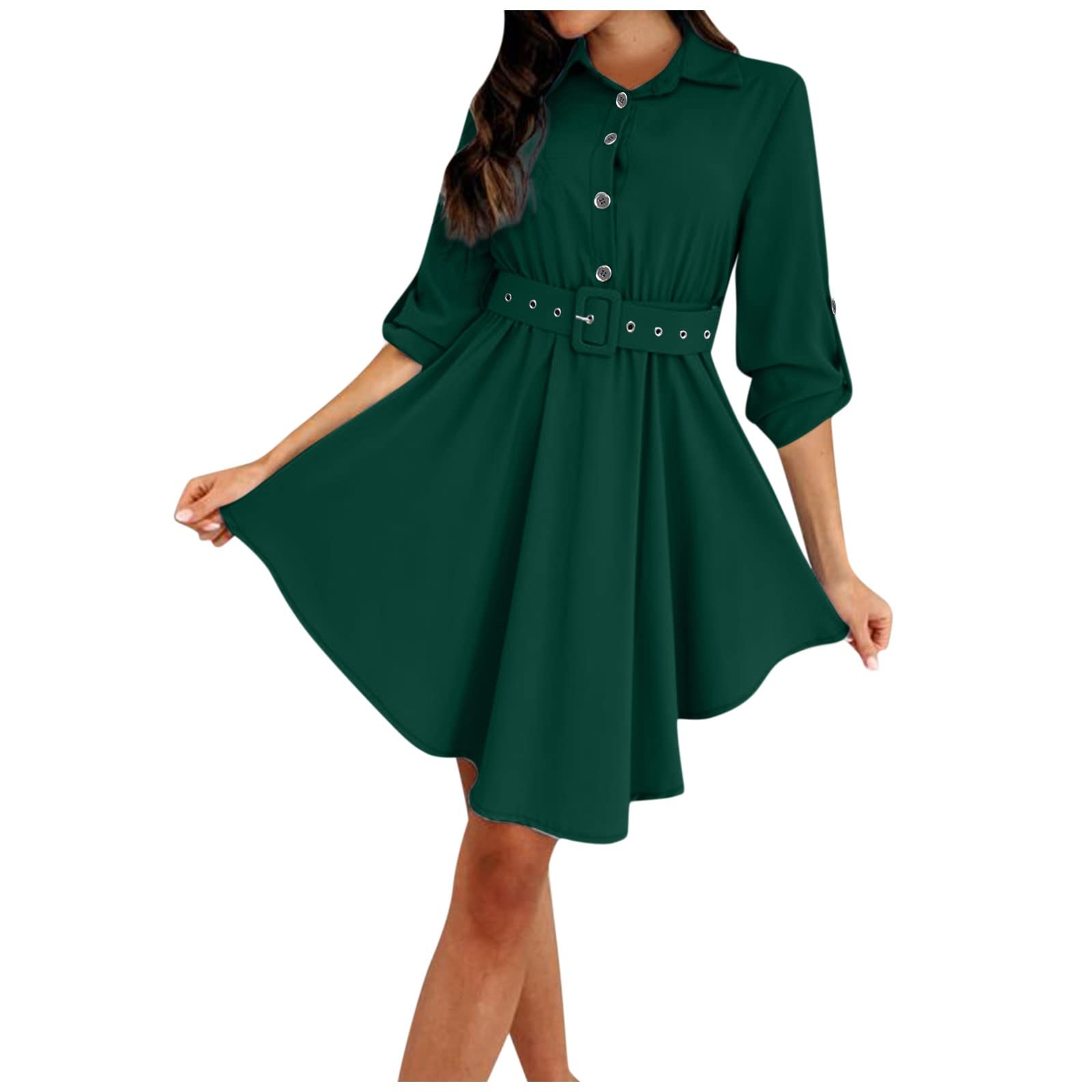 Women's Summer Cocktail Dress - Slim Fit High Waist Solid Color Roll Sleeve Belt Dress for Party, Wedding & Evening Events | Casual Elegant Outfit for Women