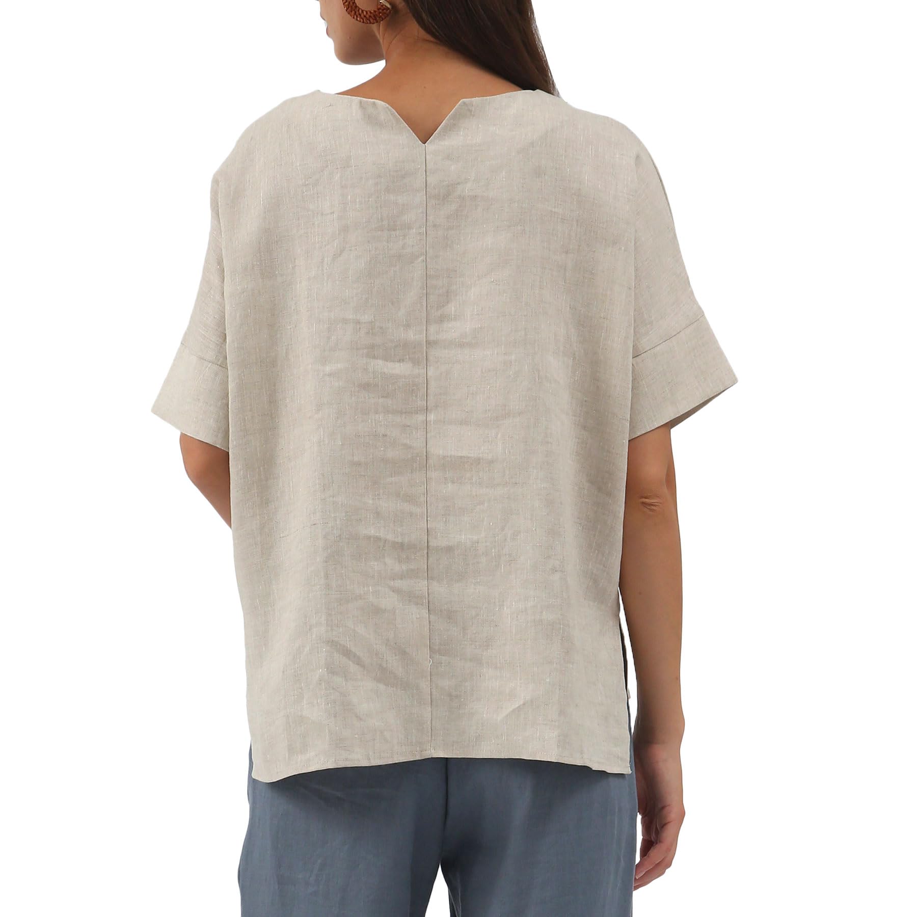 Amazhiyu Women's 100% Linen Short Sleeve Crewneck Blouse - Breathable Summer Top for Casual Outings, Beach Wear & Vacation Outfits