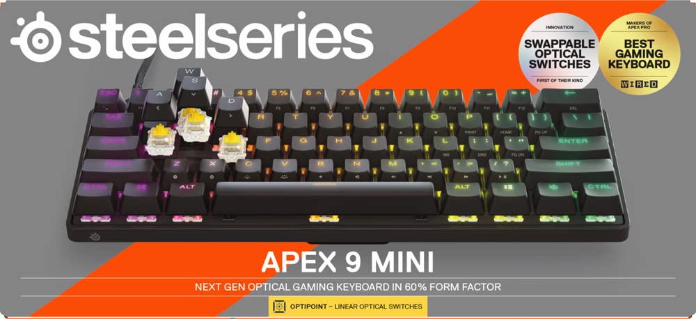 SteelSeries Apex 9 Mini 60% Compact Mechanical Gaming Keyboard with Optical Switches - Hot-Swappable, 2-Point Actuation - Nordic QWERTY Layout for Esports, PC & Mac Gaming (Ideal for Competitive Gaming & Small Desks)