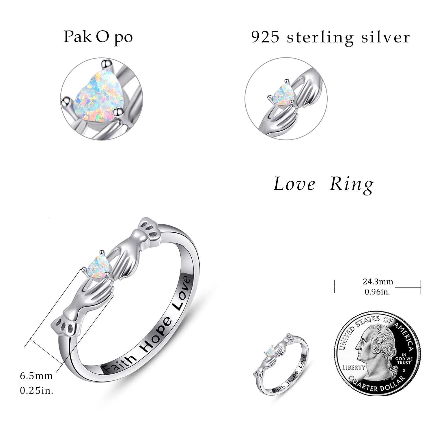 Dreamy Opal Heart Ring for Women - 925 Sterling Silver Faith, Hope & Love Band Ring - Valentine's Day, Birthday & Anniversary Jewelry Gift - Size 9 - Perfect for Romantic Occasions & Everyday Elegance