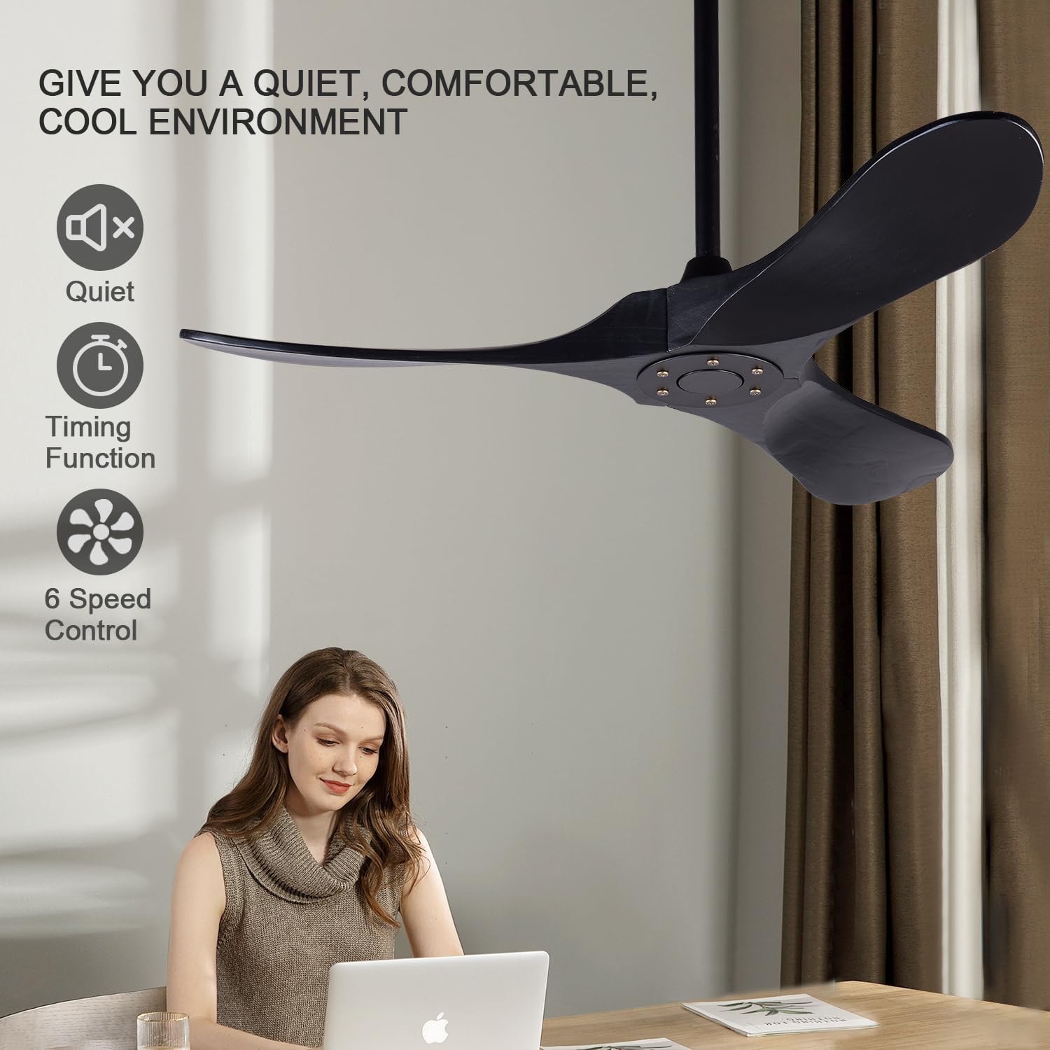 BOJUE 42 Inch Black Ceiling Fan with Remote Control - 3 Solid Wood Blades, No Light, Indoor/Outdoor Use for Patio, Bedroom, Kitchen & Living Room - Quiet & Energy Efficient Cooling Solution