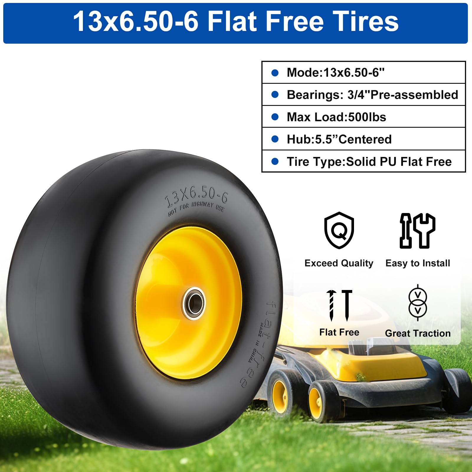 13x6.50-6 Flat Free Lawn Mower Tires - 2 Pack with 3/4