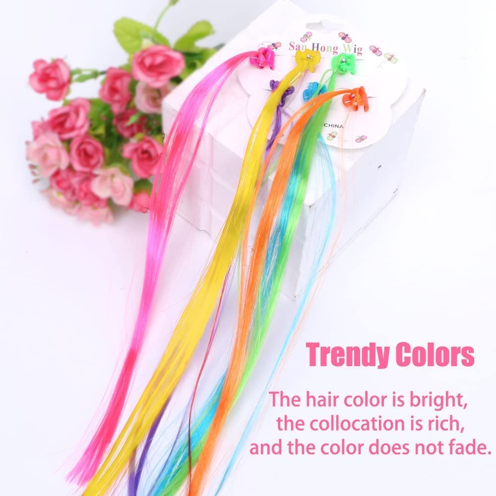 Elastikidz Kids Fake Hair Extensions with Hair Clips - 12 Pcs Rainbow Wig Braids for Girls, Teens & Adults - Colorful Hair Styling Accessories for Parties, Halloween & Cosplay