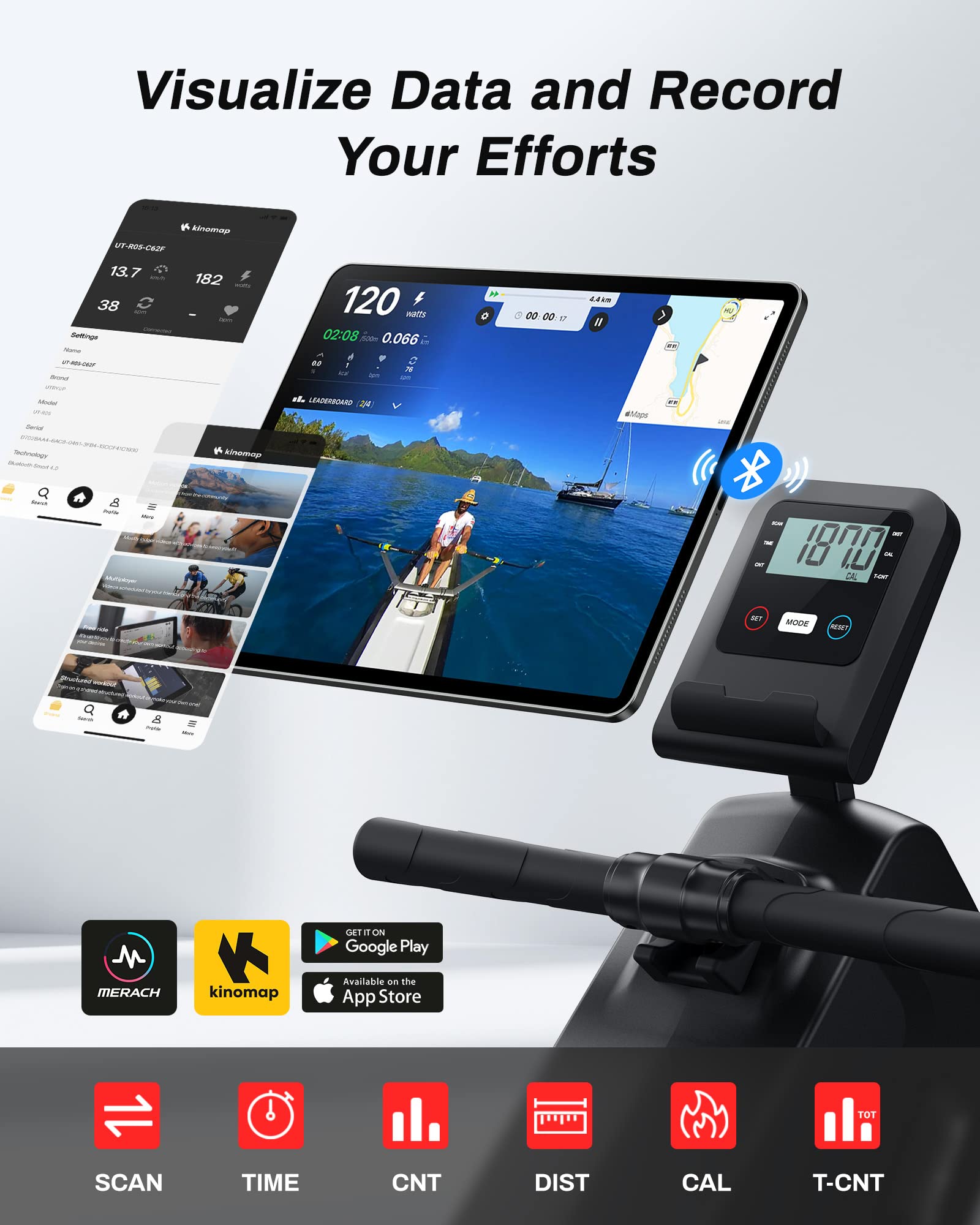 UTRYUP Magnetic Water Rowing Machine for Home Gym - 350 lbs Weight Capacity, 16 Resistance Levels, Quiet Foldable Design with Bluetooth Connectivity & App Support - Perfect for Small Spaces, Cardio Workouts & Full-Body Training (Includes Tablet Holder)