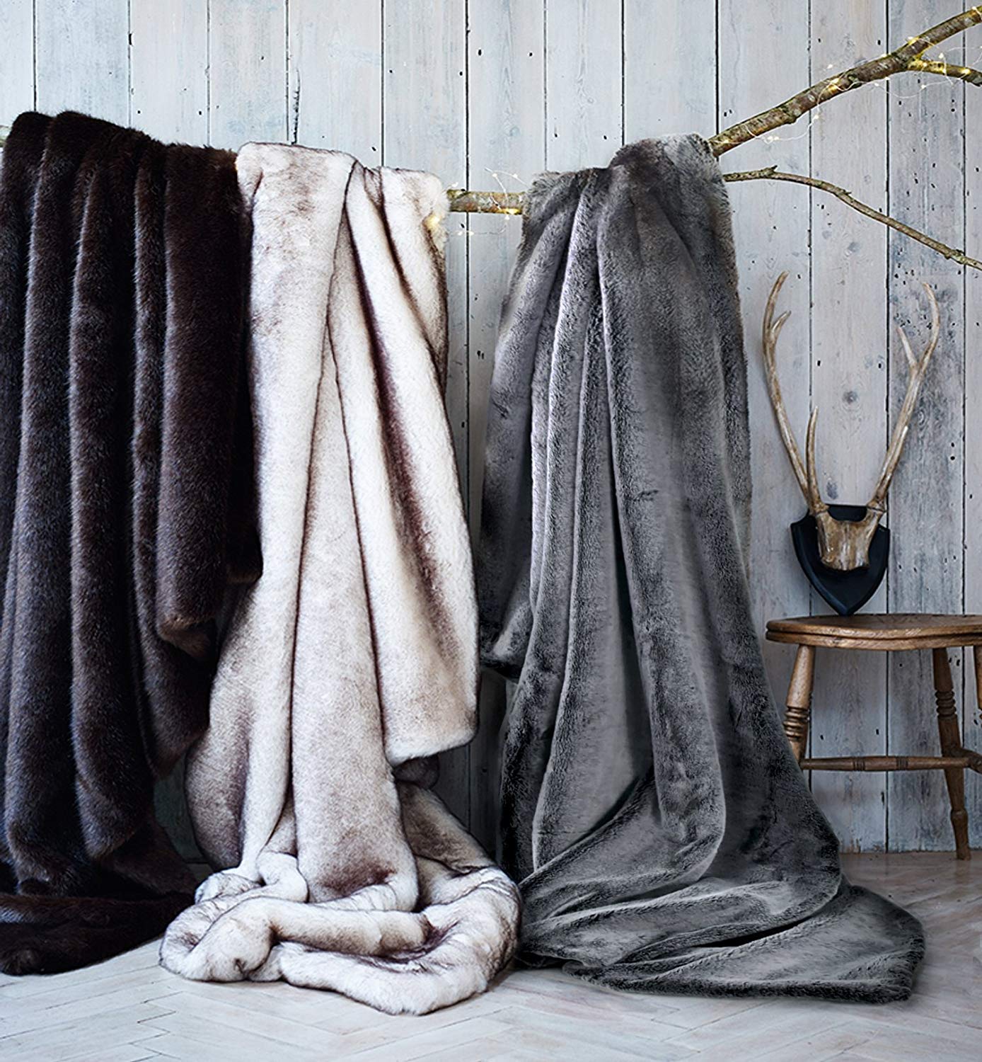 Double Sided Faux Fur Throw Blanket - Ultra Soft Oversized Afghan - Machine Washable Grey Striped Mink Chinchilla Shadow Fox Design (Black Forest, 55