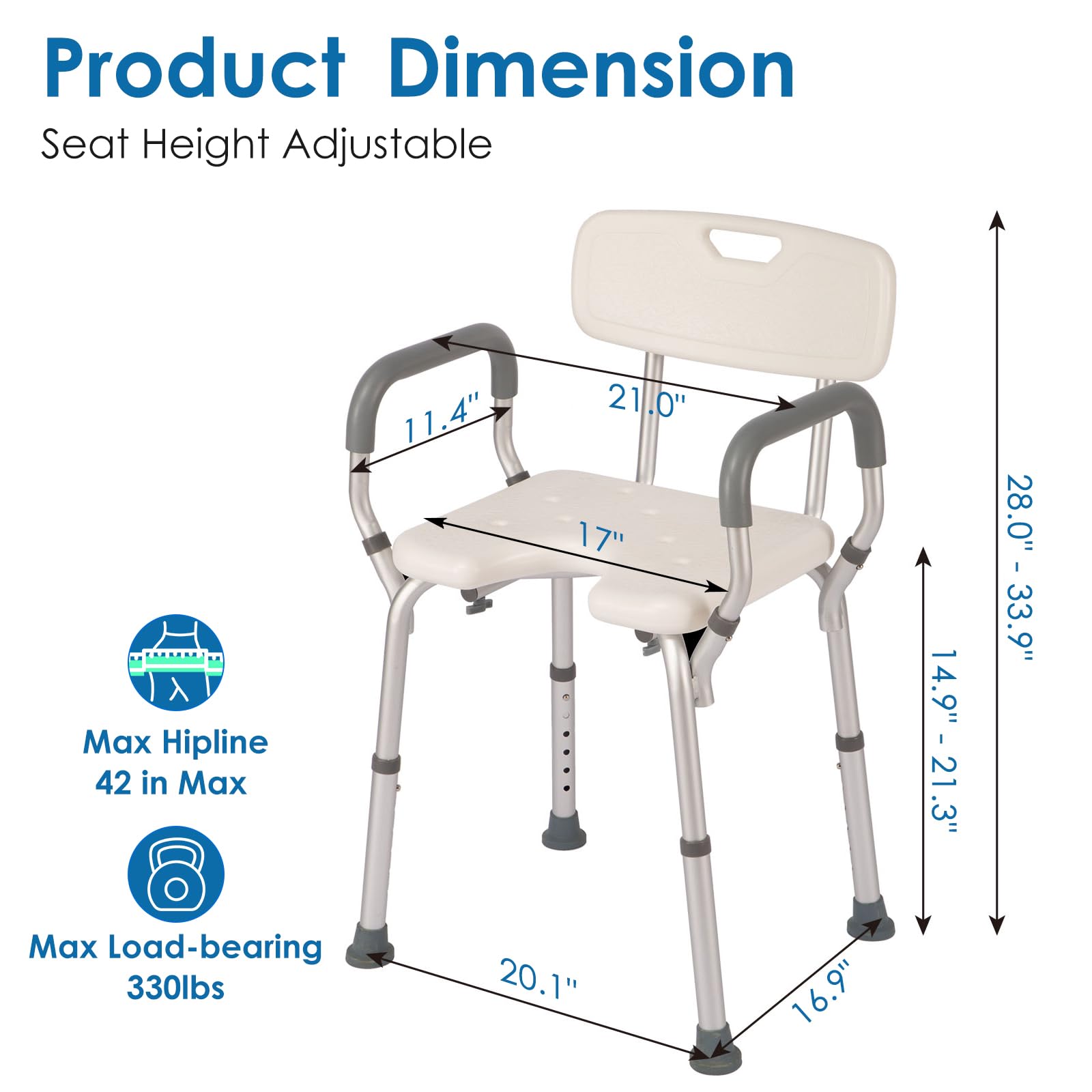 Sturdy Shower Chair with Arms & Back Support - 330lb Weight Capacity, Non-Slip Bath Seat for Elderly & Disabled, Tool-Free Assembly with Cutout Design & Anti-Cold Pads - Ideal for Safe Bathing & Shower Safety