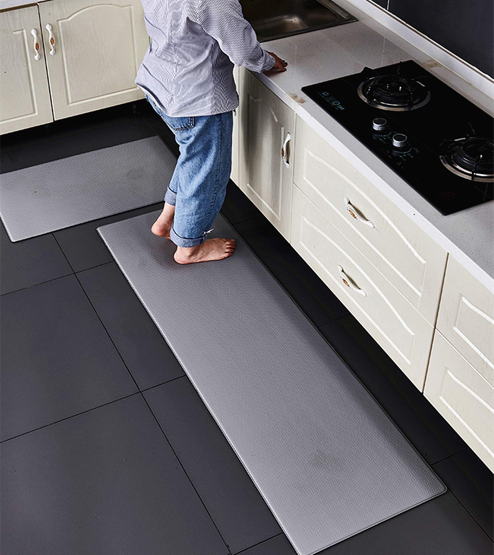 Ukeler Anti-Fatigue Kitchen Mats Set of 2 - Non-Slip Floor Mats with Rubber Backing for Kitchen, Laundry Room & Bathroom (17.7''x29.5''+17.7''x59'', Grey) - Perfect for Standing Comfort While Cooking, Washing Dishes or Doing Laundry