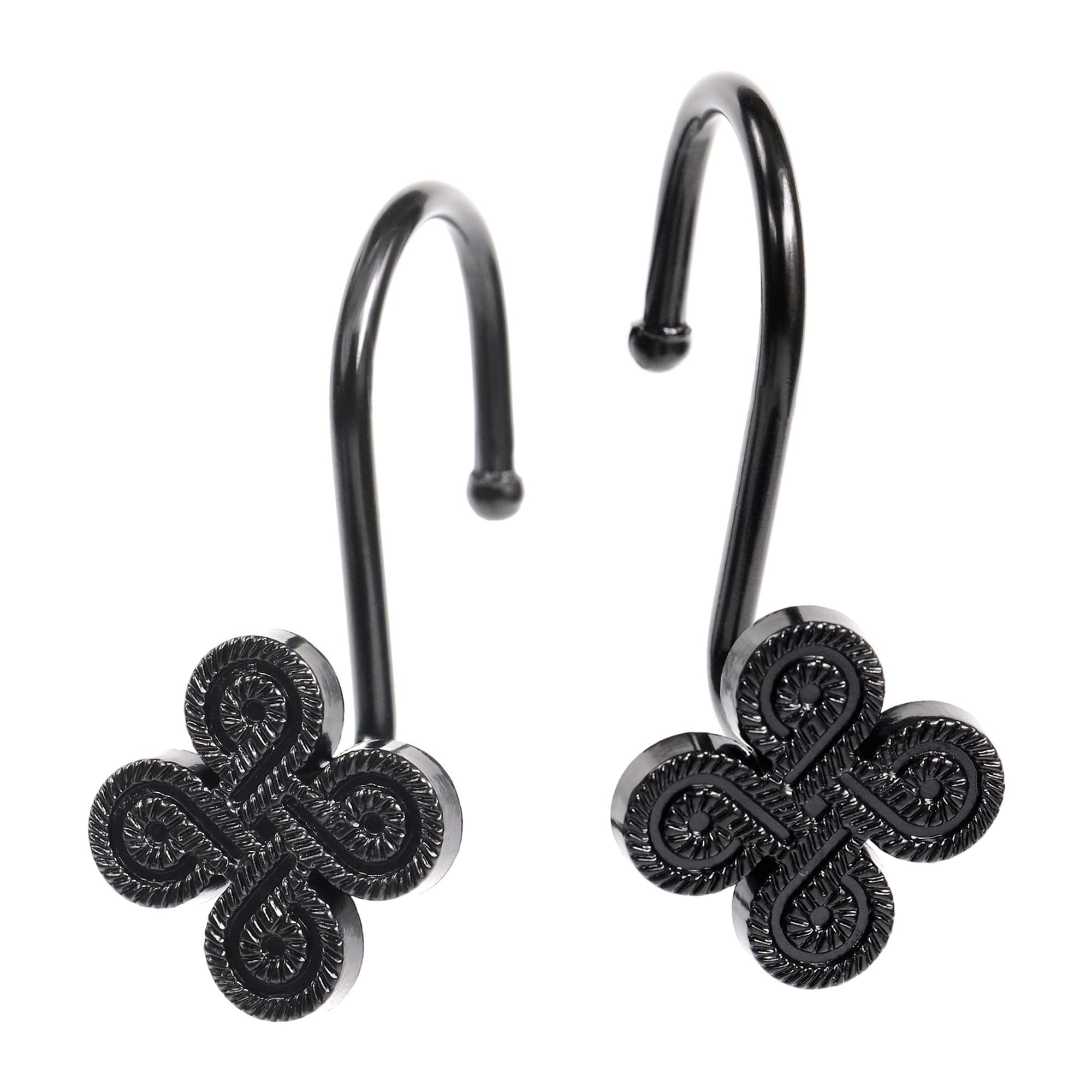 Rust-Proof Metal Shower Curtain Hooks - Set of 12 Black Flower Clover Design Bathroom Accessories for Shower Rod | Durable Decorative Hangers for Bath, Spa & Guest Room Decor