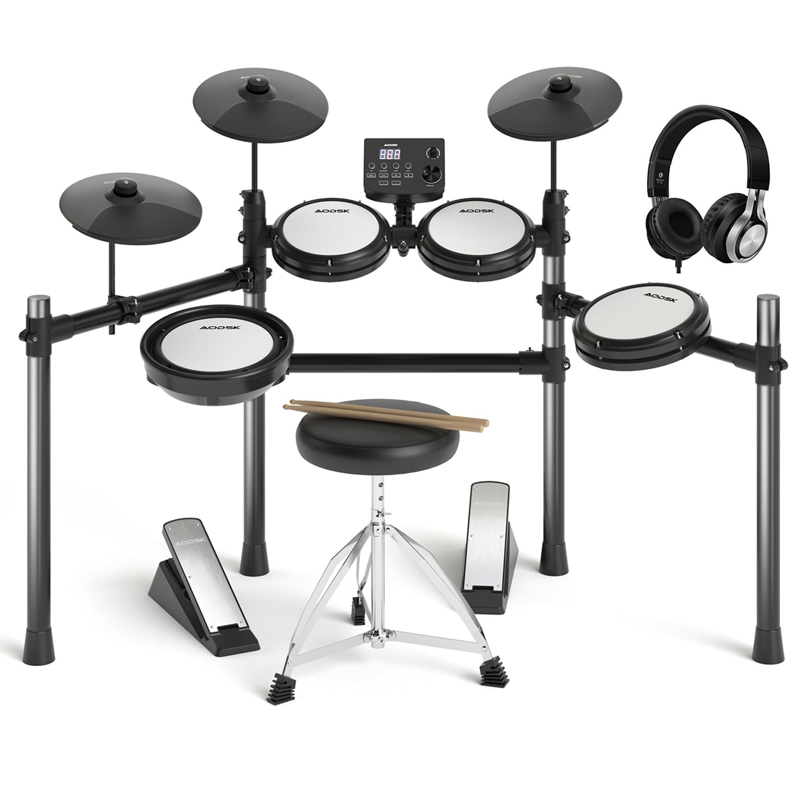 AODSK AED-403 Electric Drum Set with Quiet Mesh Pads - Best Electronic Drum Kit for Beginners & Teens - USB MIDI Connectivity, Includes Throne, Headphones & Drum Sticks - 15 Drum Kits & 195 Sounds - Perfect for Home Practice, Music Learning & Silent Jamming - Great for Bedroom Studios, Small Spaces & Apartment Living