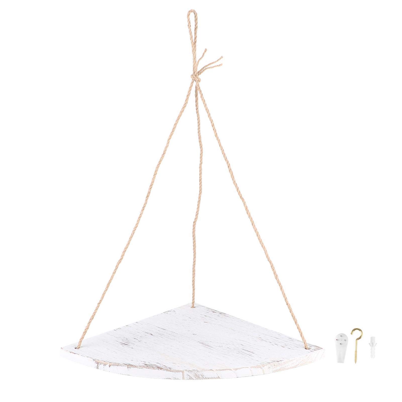 Ymiko Fan-Shaped Wooden Floating Shelf - Wall Hanging Corner Display Shelf with Natural Hemp Rope for Home Decor, Photo Display, Books & Plants - Perfect for Living Room, Bedroom, Bathroom & Office (White)