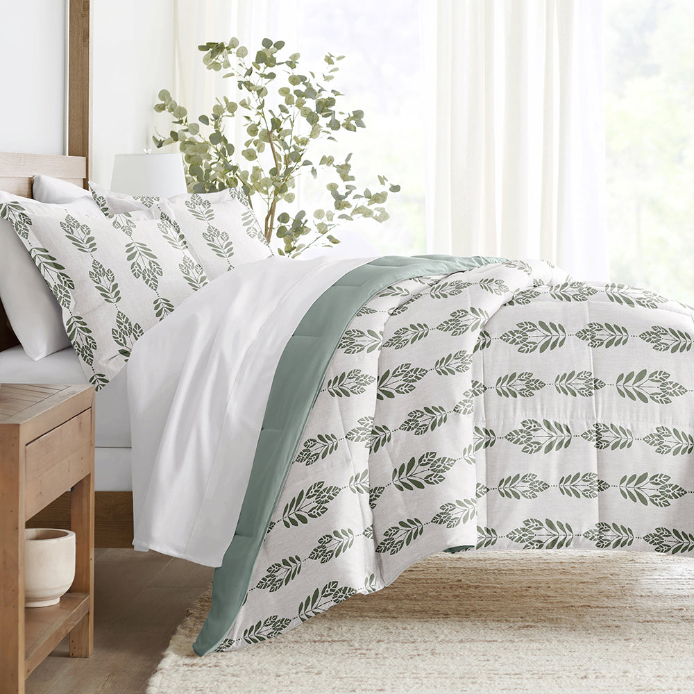 Folk Leaves Reversible Down Alternative Comforter Set - Lightweight All-Season Bedding for Cozy Home & Guest Room Decor