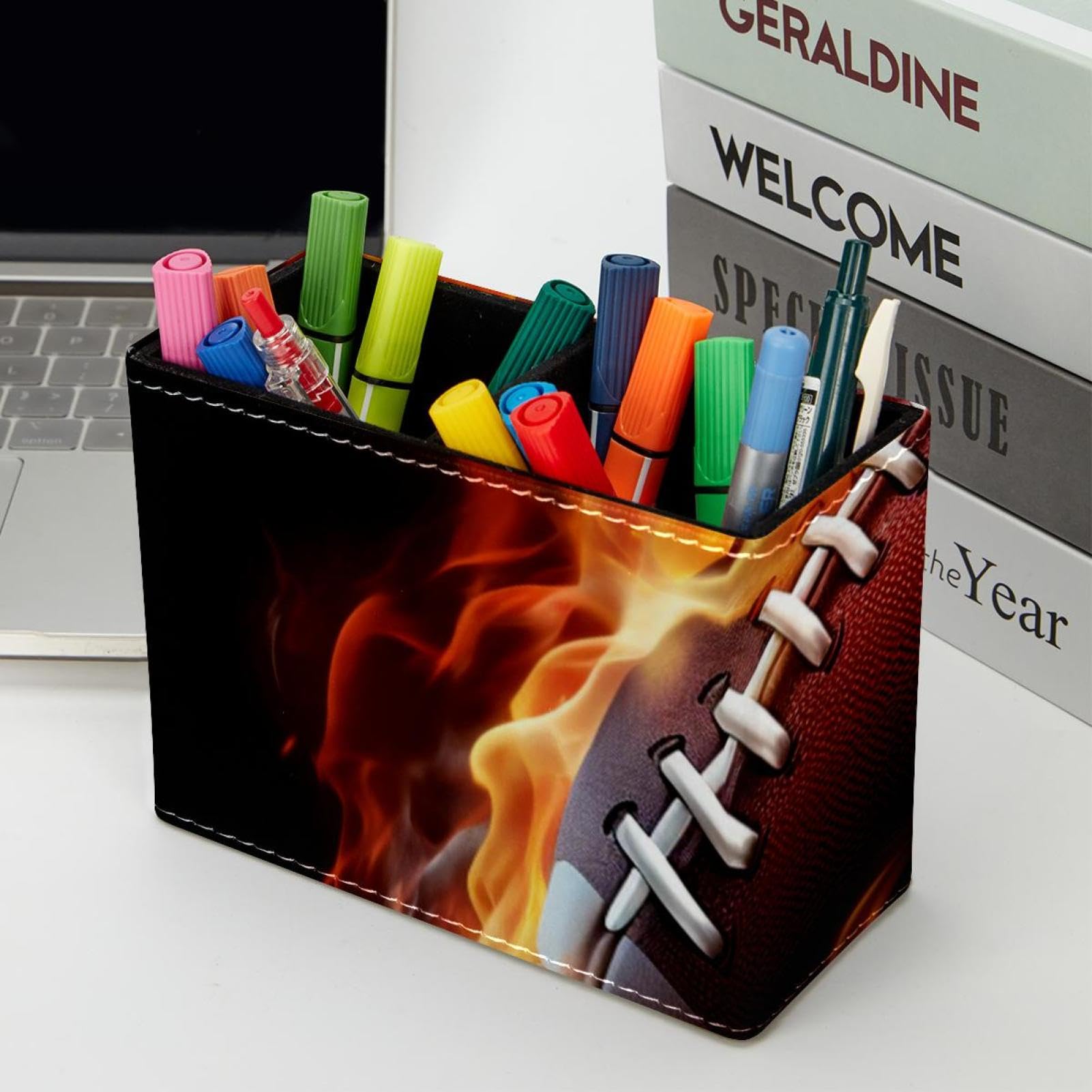 Football & Fire Themed Pen Holder for Desk - Stylish Pen Organizer & Desk Accessory for Office, School, or Home Workspace