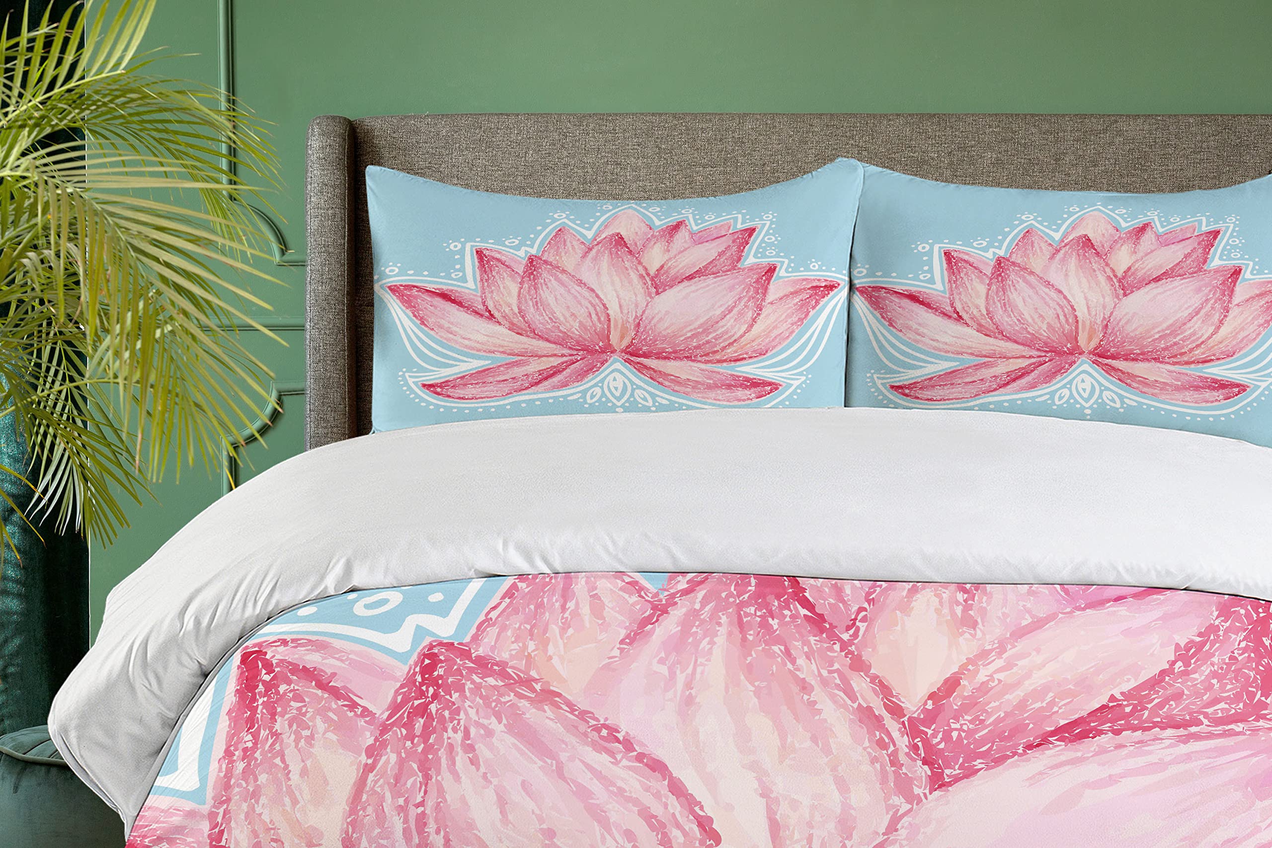 Ambesonne Lotus Duvet Cover Set King Size - Pink & Pale Blue Botanical Floral Bedding with 2 Pillow Shams | Gardening Theme Lotus Flower Pattern | 3-Piece Decorative Bedding Set for Master Bedroom, Guest Room & Bohemian Home Decor