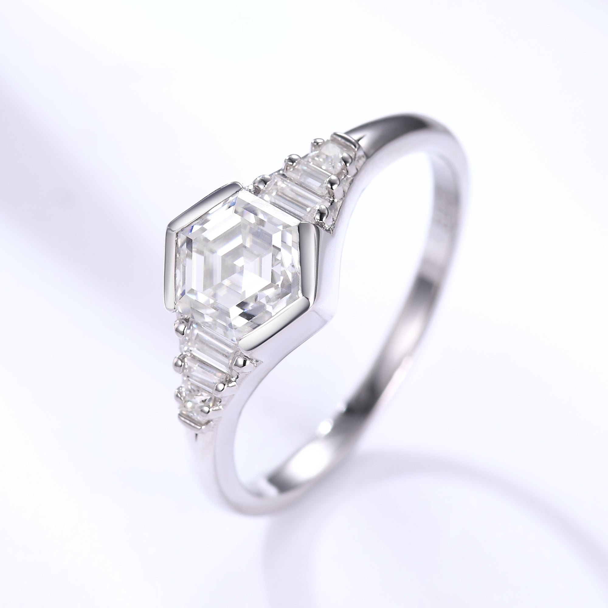 Vintage Inspired Hexagon Moissanite Engagement Ring in 14K White Gold with Unique Bezel Setting - Perfect for Proposals, Anniversaries & Special Occasions