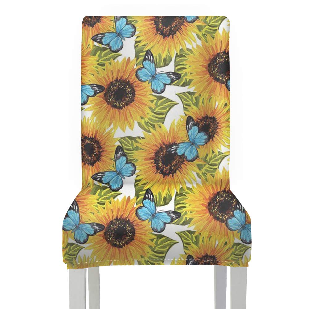 Stretchy Sunflower & Blue Butterfly Pattern Dining Chair Slipcovers - 6 Pack | PZZ BEACH Parsons Chair Covers for Dining Room, Party, Wedding & Ceremony | Washable Stretch Fabric Seat Covers for Home Decor & Event Styling