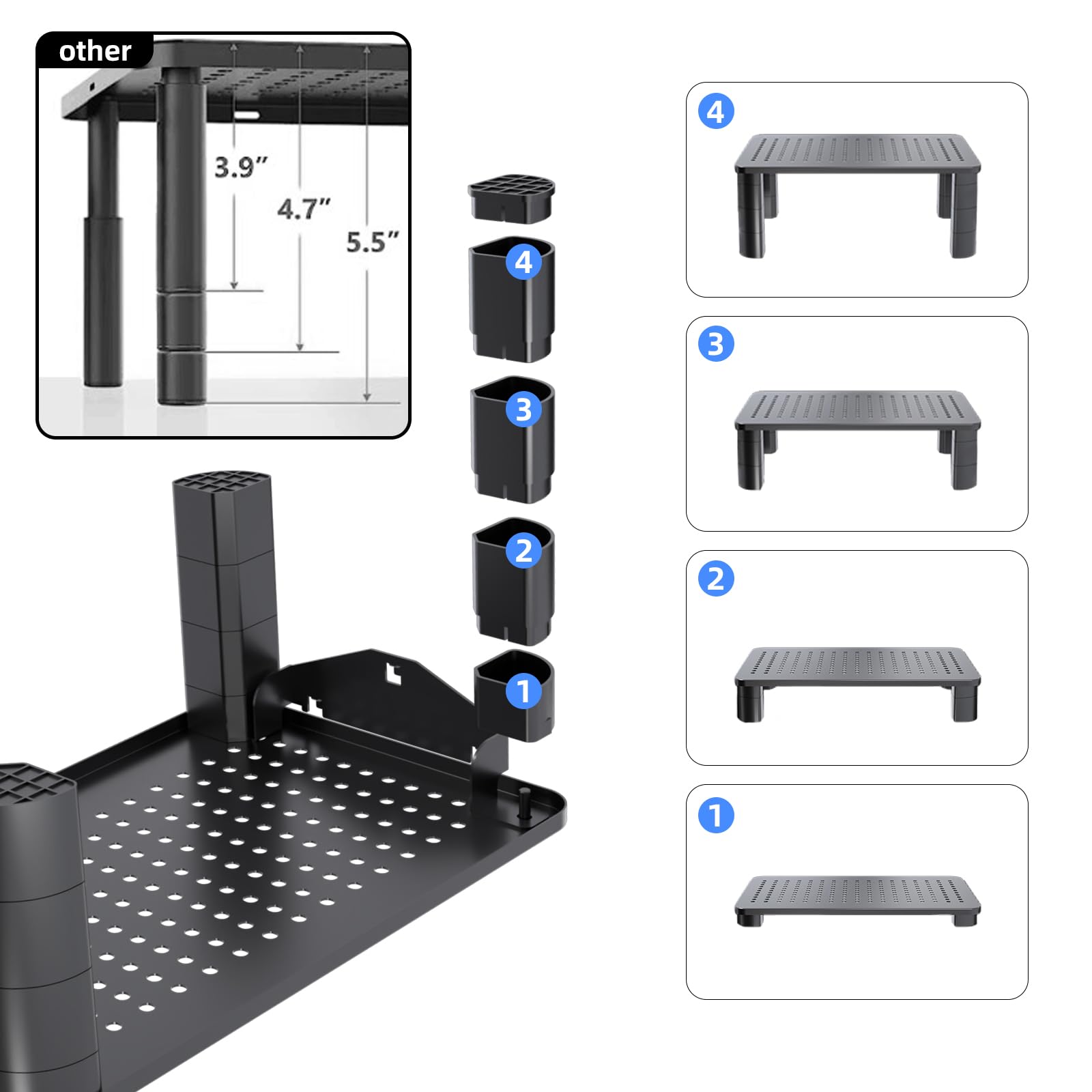 Pholiten Adjustable Monitor Stand Riser - 3 Height Settings, Ergonomic Laptop Stand with Airflow Vents, Desk Organizer for Monitors & Laptops Up to 44lbs - Perfect for Home Office, Gaming Setup and Workspace Organization